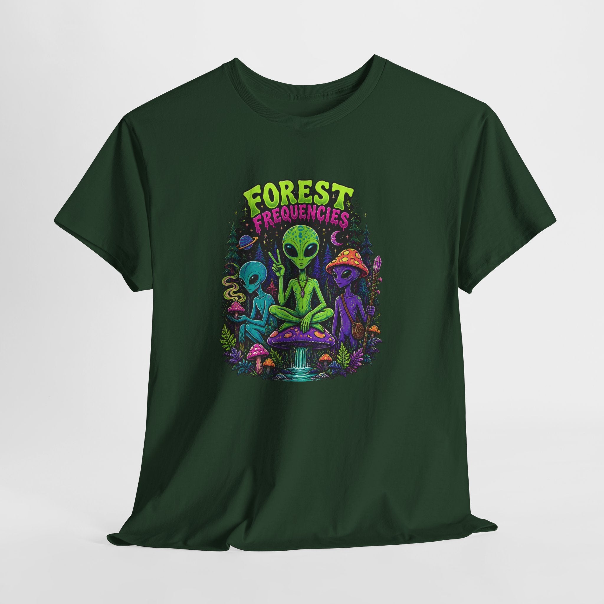 Forest Frequencies Alien T-Shirt — Psychedelic Mushroom Meditation Tee