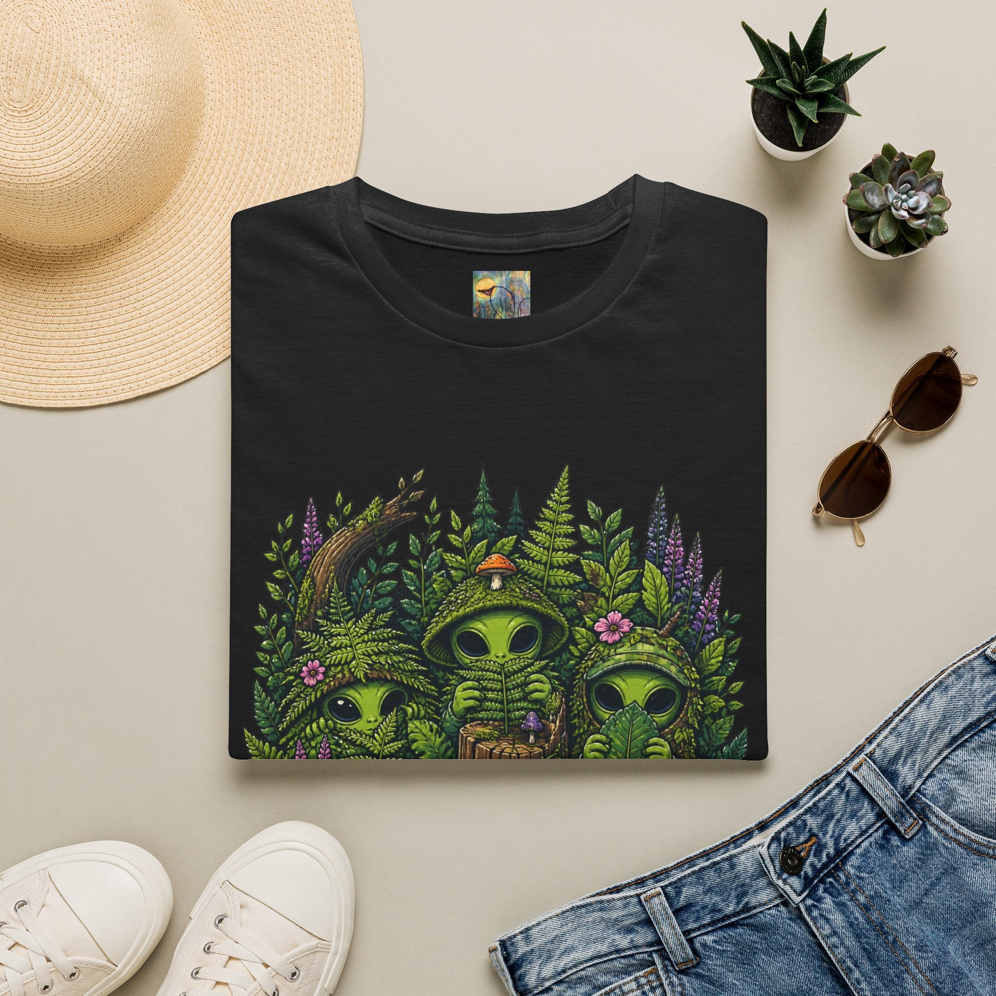 Alien Forest T-Shirt — Cute Green UFO Creatures with Mushrooms & Flowers