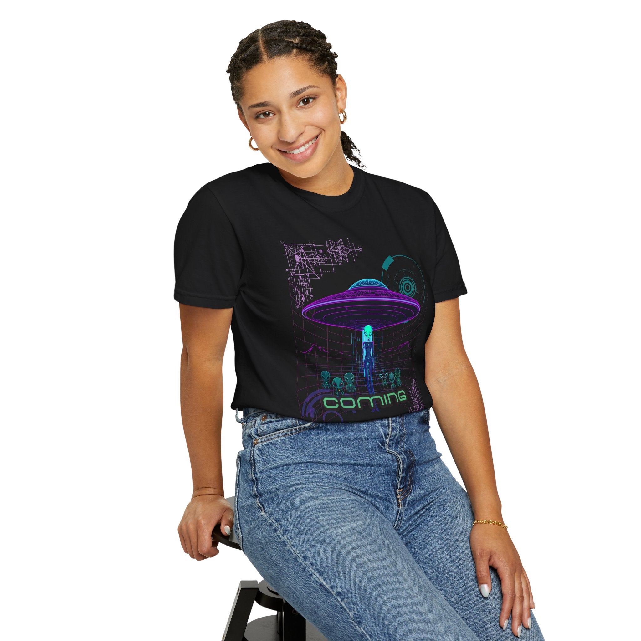 Coming Soon Alien UFO T-Shirt — Retro Neon Alien Abduction Tee