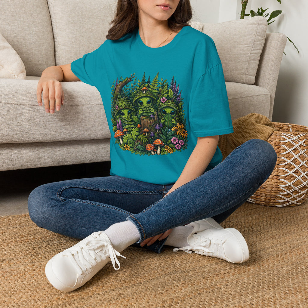 Alien Forest T-Shirt — Cute Green UFO Creatures with Mushrooms & Flowers
