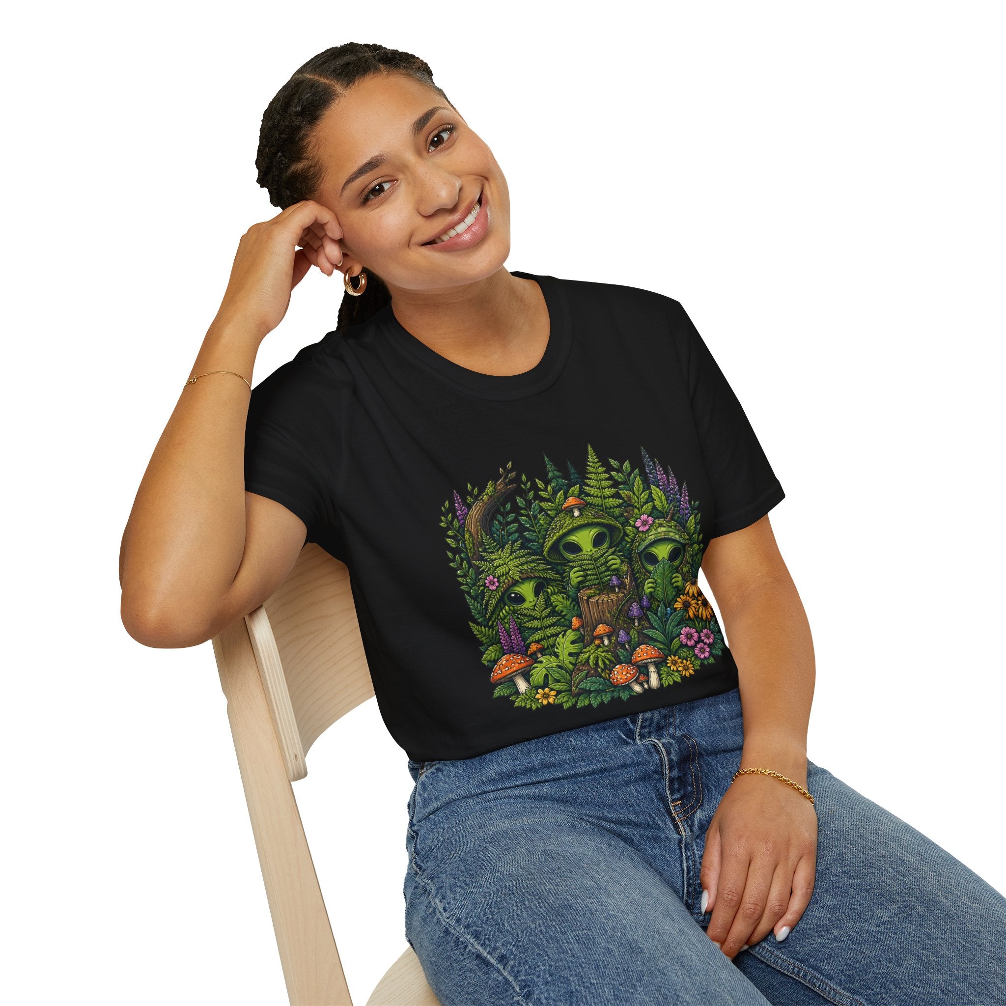 Alien Forest T-Shirt — Cute Green UFO Creatures with Mushrooms & Flowers