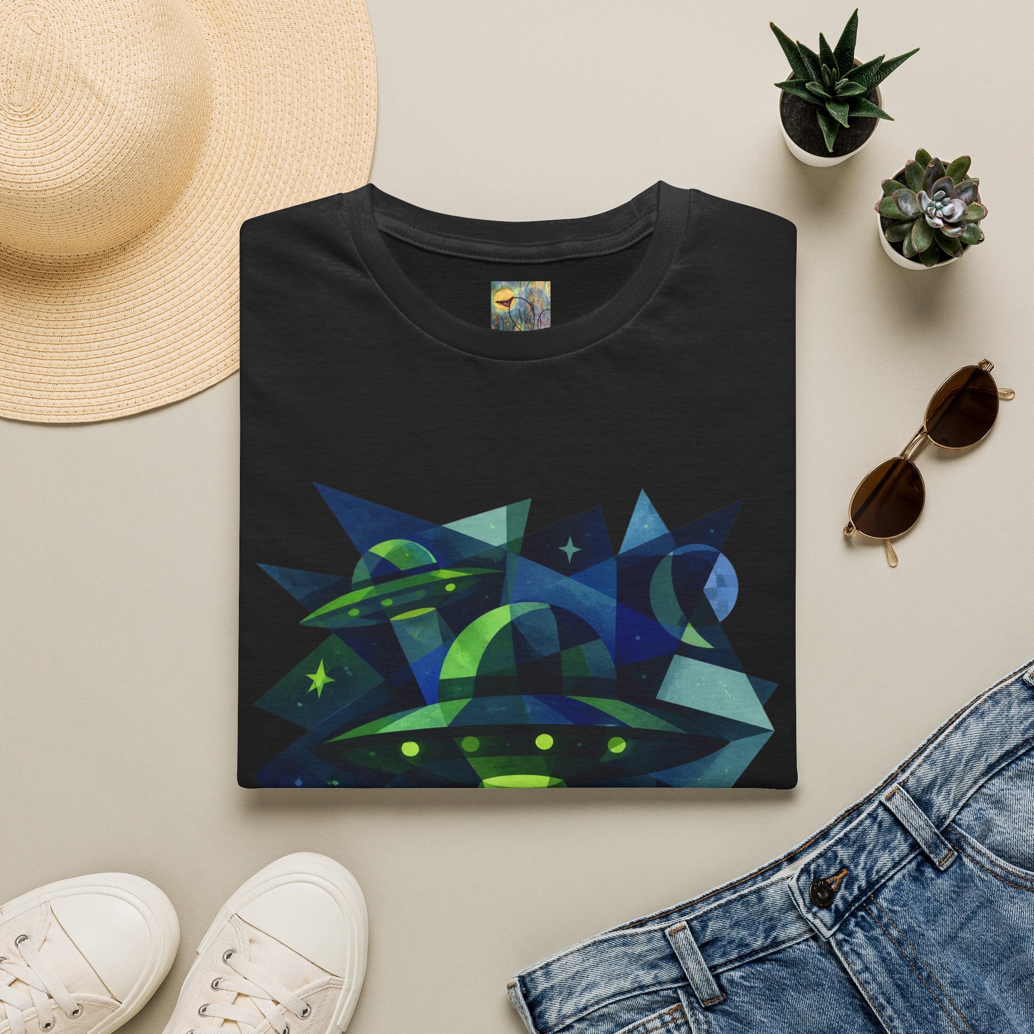 Blue & Green Cubism UFO Galaxy Geometry T‑Shirt — Neon Abstract Space Art