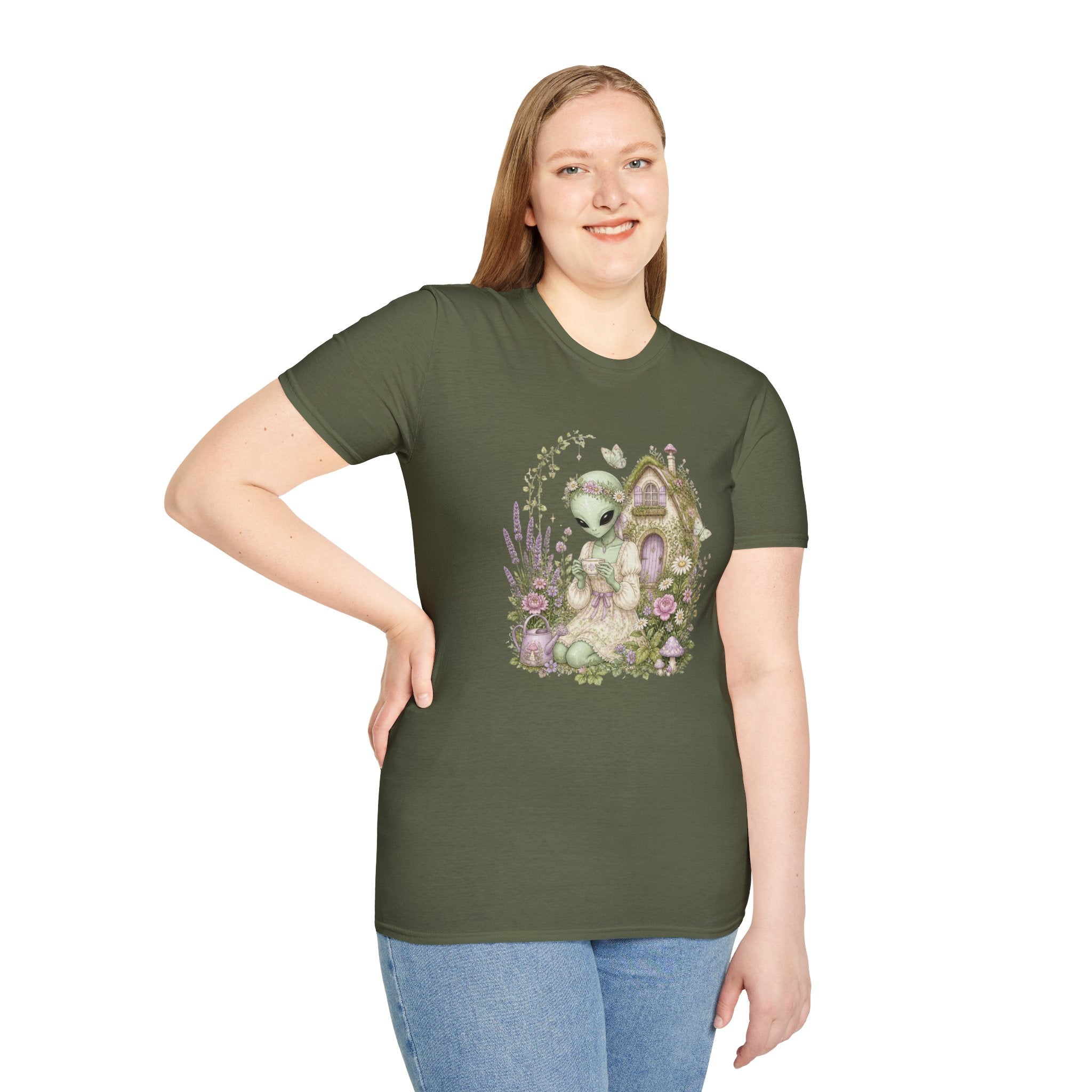 Alien Cottage Tee — Whimsical Floral Alien Garden T-Shirt