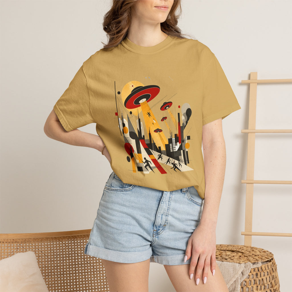 Alien Invasion Bauhaus Graphic T-Shirt — Retro Sci‑Fi Cityscape Design