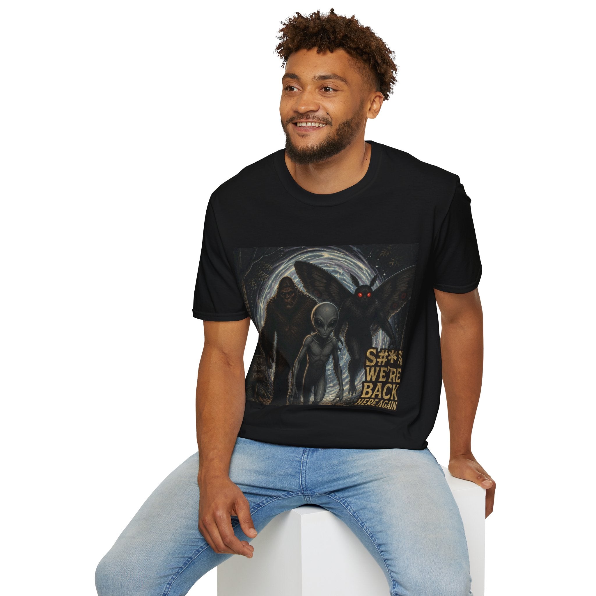 Creepy Cryptid Art T-Shirt :"S#*$ wer'e back here again" — Mothman & Alien Vintage Horror Design