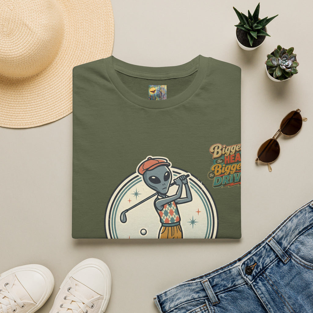 Alien Golfer T‑Shirt : The Bigger the Head, The Bigger the Drive"— Vintage Space Golf Graphic Tee