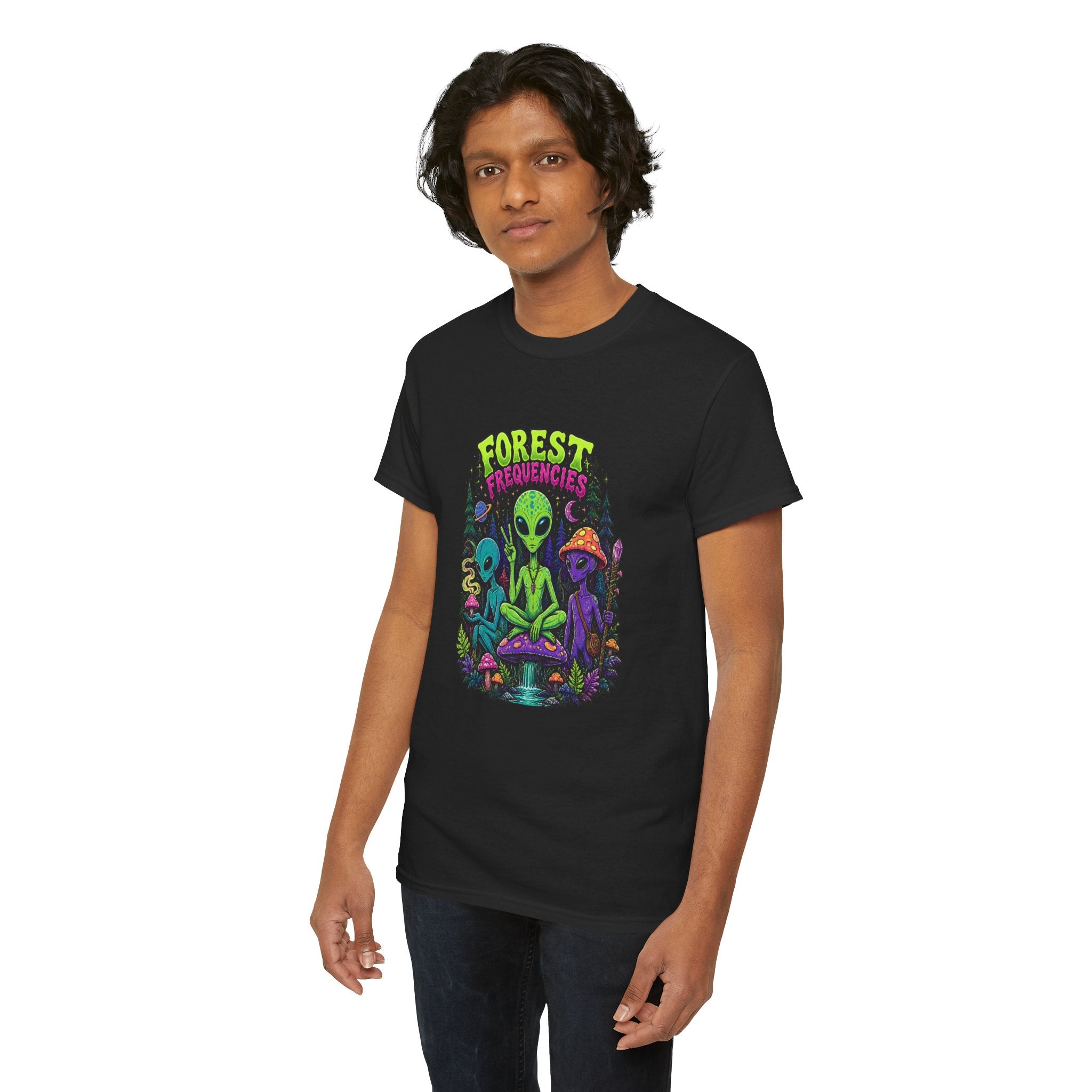 Forest Frequencies Alien T-Shirt — Psychedelic Mushroom Meditation Tee
