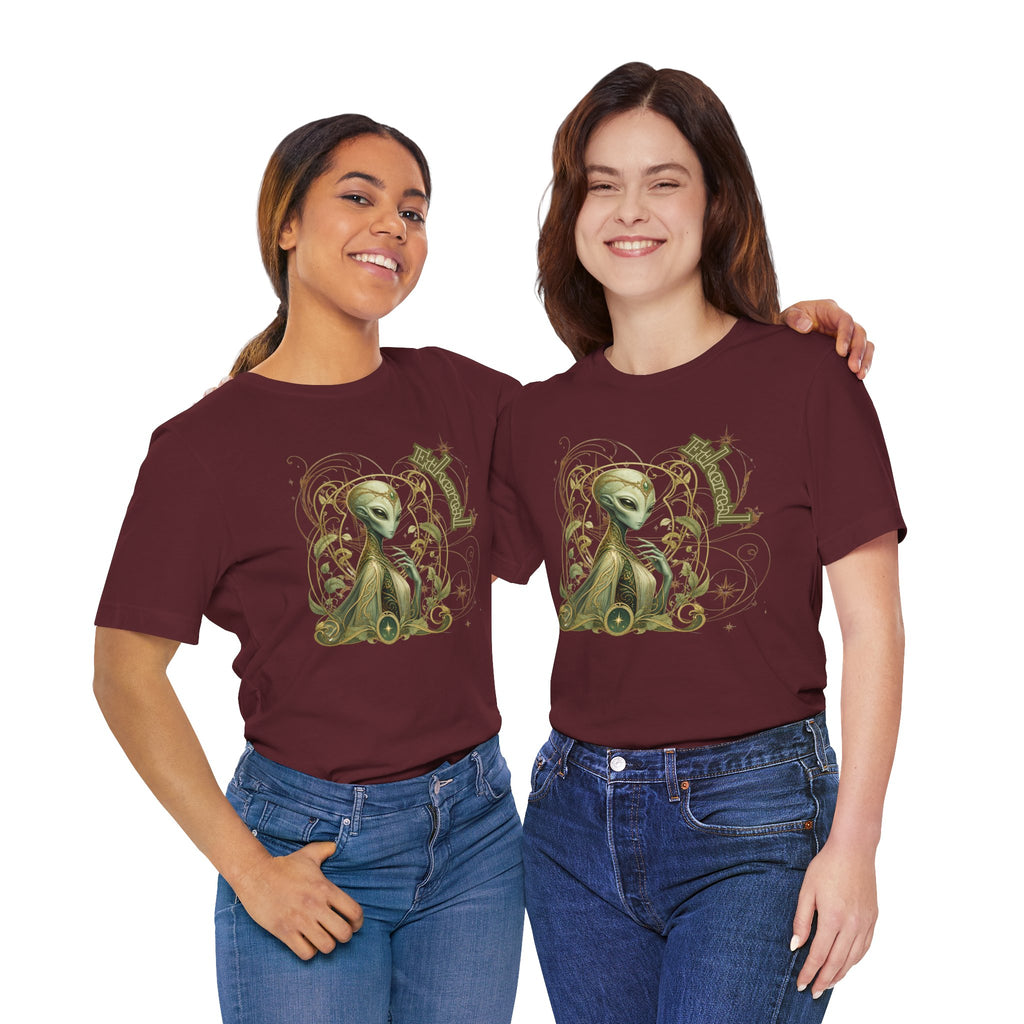 Alien Art Noveau Embrace T-Shirt — Mystical Green Alien Graphic Tee for Sci‑Fi Fans