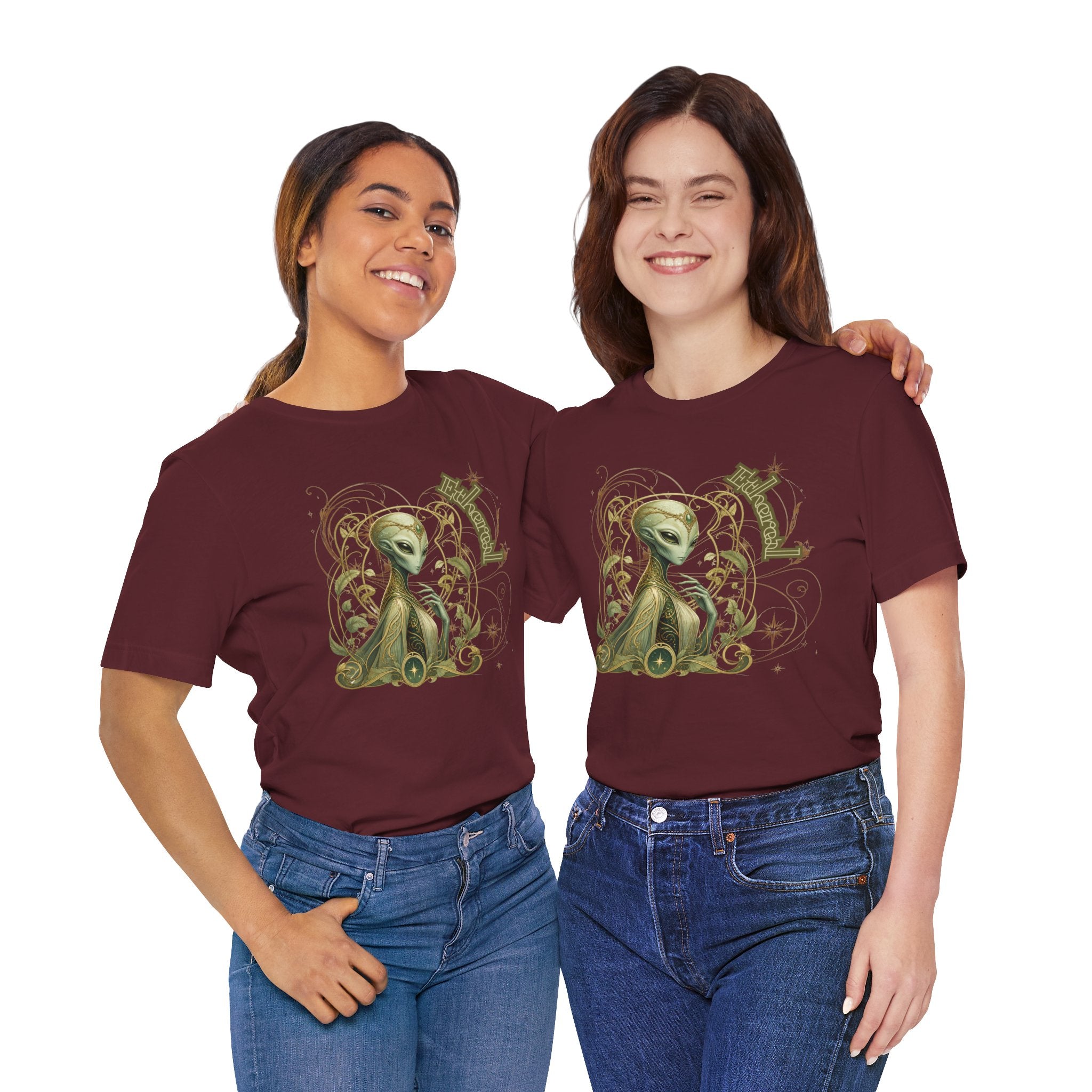 Alien Art Noveau Embrace T-Shirt — Mystical Green Alien Graphic Tee for Sci‑Fi Fans