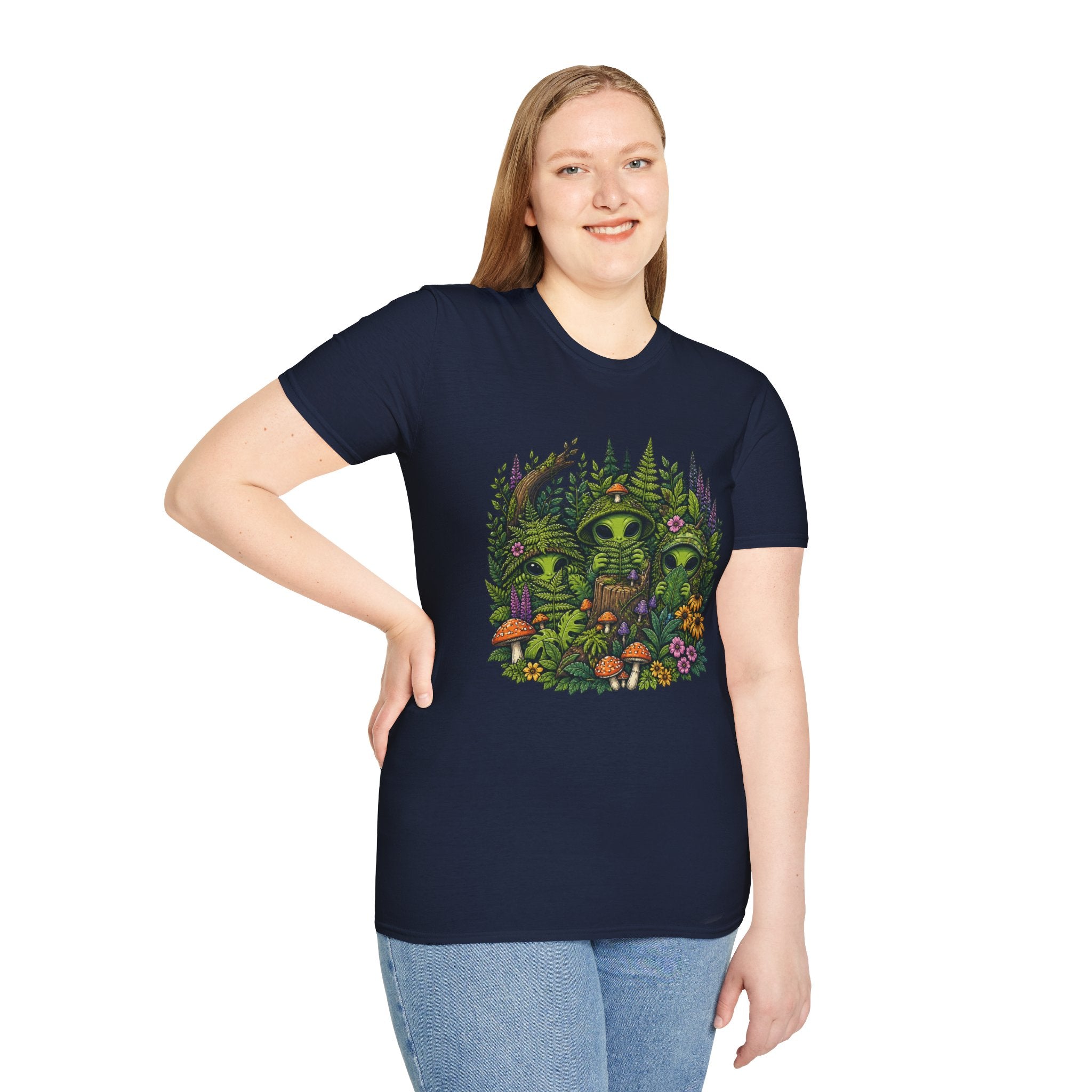 Alien Forest T-Shirt — Cute Green UFO Creatures with Mushrooms & Flowers