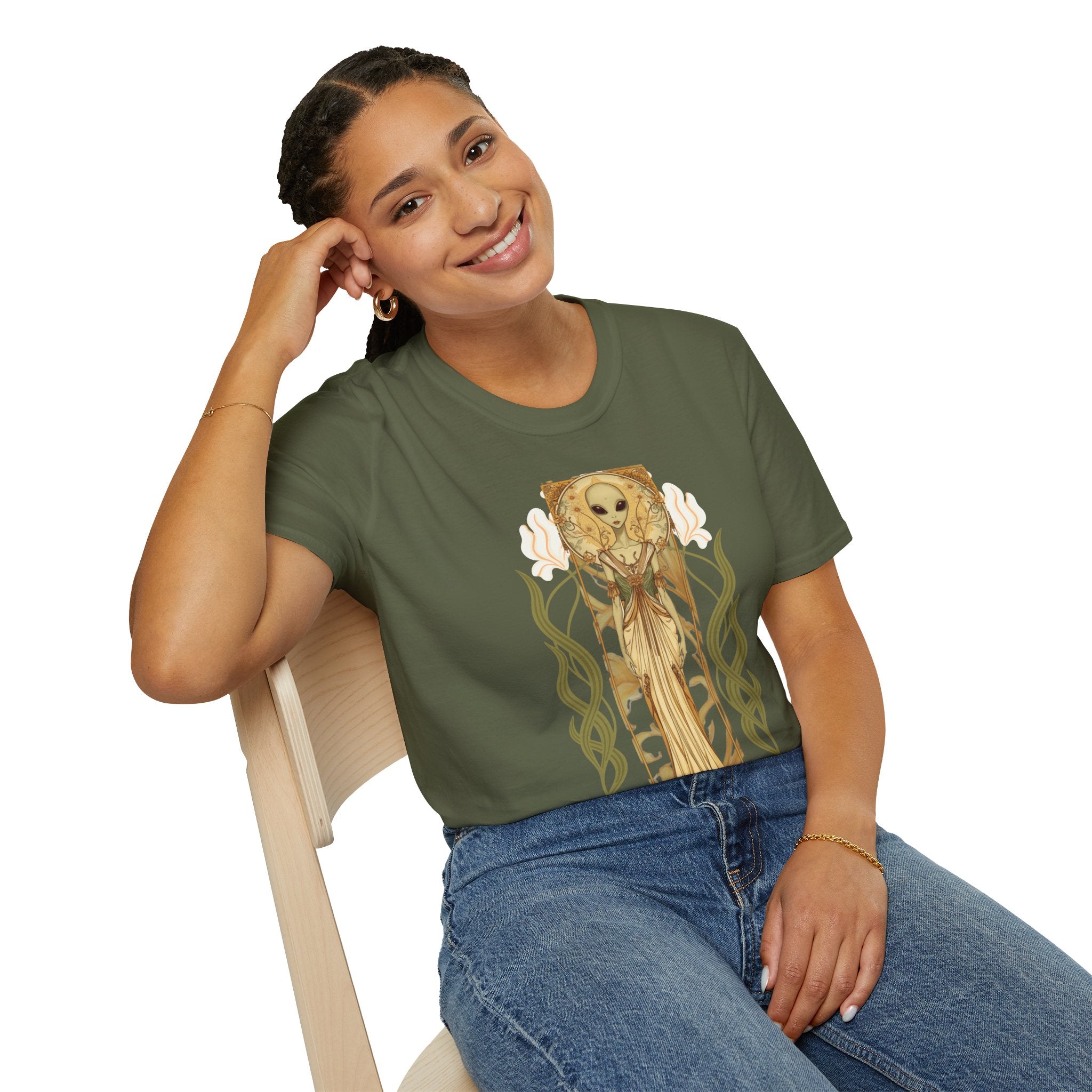 Alien Art Nouveau T-Shirt — 'Otherworldly Muse' Vintage-Style Extraterrestrial Tee