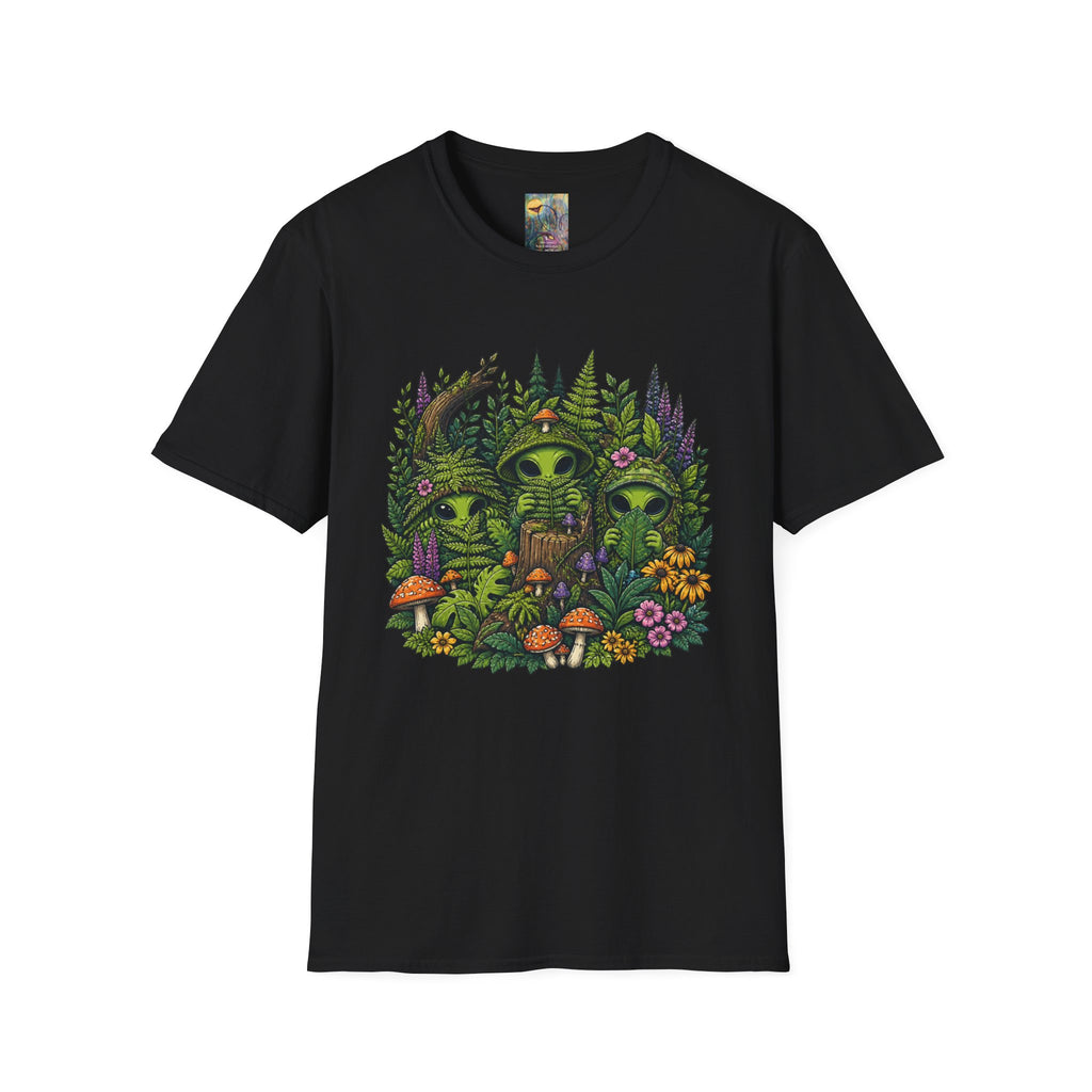 Alien Forest T-Shirt — Cute Green UFO Creatures with Mushrooms & Flowers