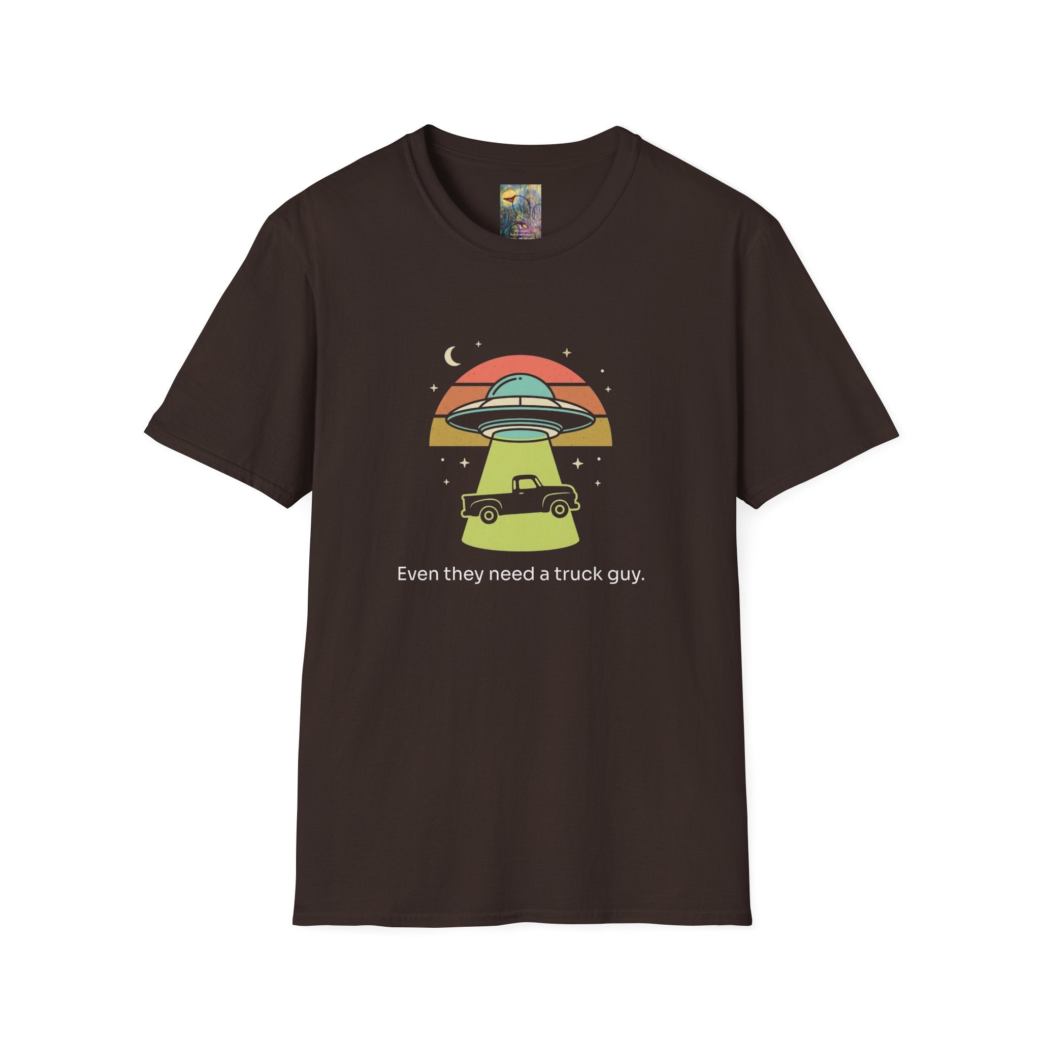 "Even Aliens need a truck guy" UFO Abduction T-Shirt — Retro Sunset Alien Tee