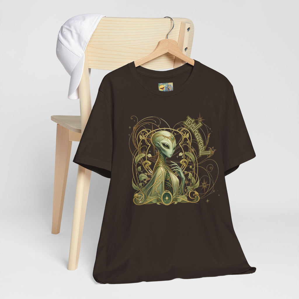Alien Art Noveau Embrace T-Shirt — Mystical Green Alien Graphic Tee for Sci‑Fi Fans