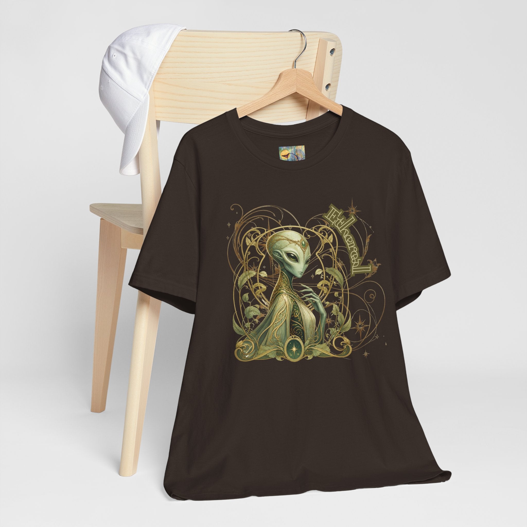 Alien Art Noveau Embrace T-Shirt — Mystical Green Alien Graphic Tee for Sci‑Fi Fans
