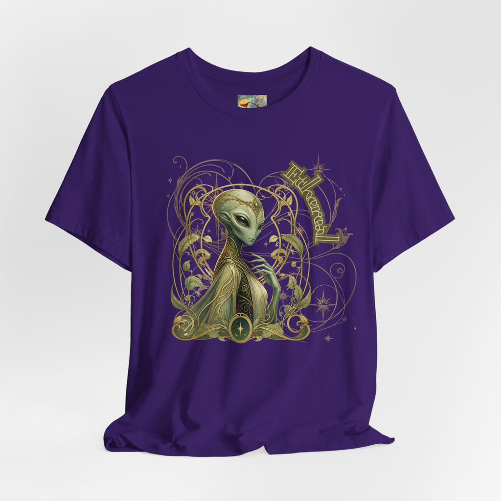 Alien Art Noveau Embrace T-Shirt — Mystical Green Alien Graphic Tee for Sci‑Fi Fans