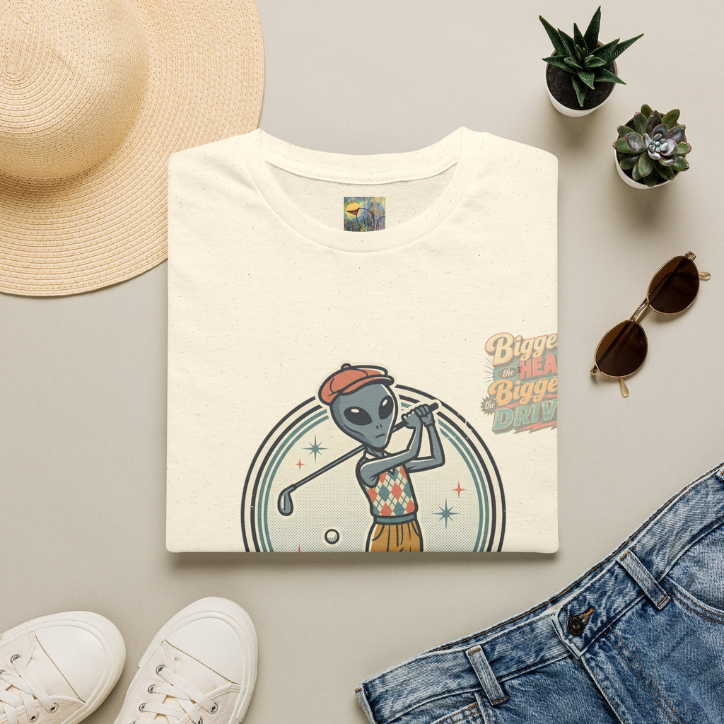Alien Golfer T‑Shirt : The Bigger the Head, The Bigger the Drive"— Vintage Space Golf Graphic Tee