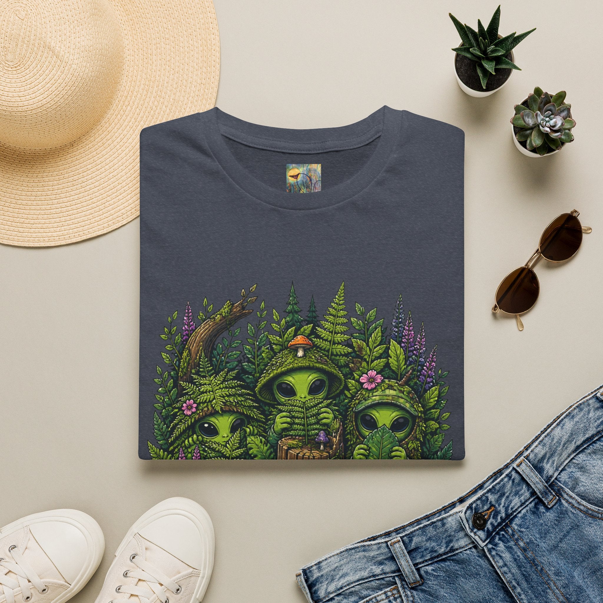 Alien Forest T-Shirt — Cute Green UFO Creatures with Mushrooms & Flowers