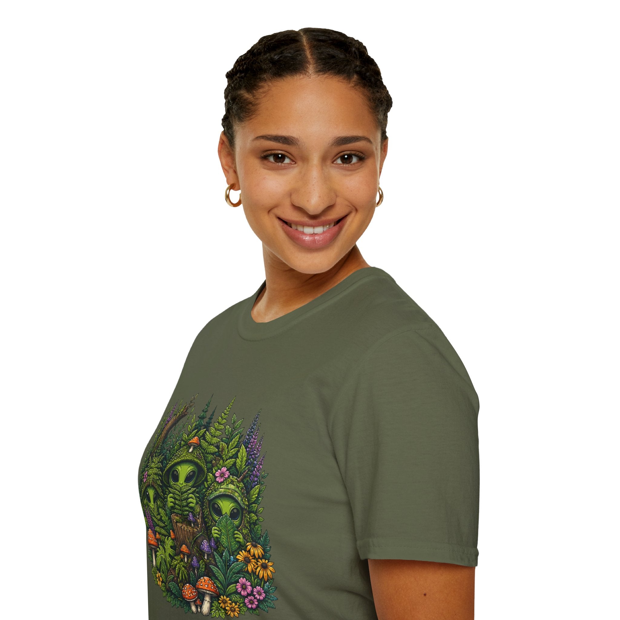 Alien Forest T-Shirt — Cute Green UFO Creatures with Mushrooms & Flowers