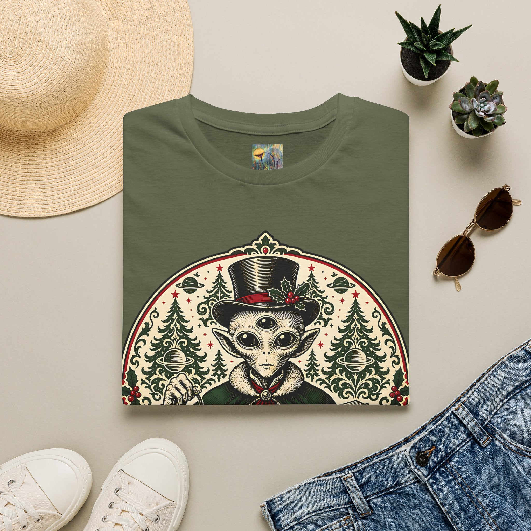 Victorian Alien Gentleman T‑Shirt — Vintage Top Hat Extraterrestrial Graphic Tee