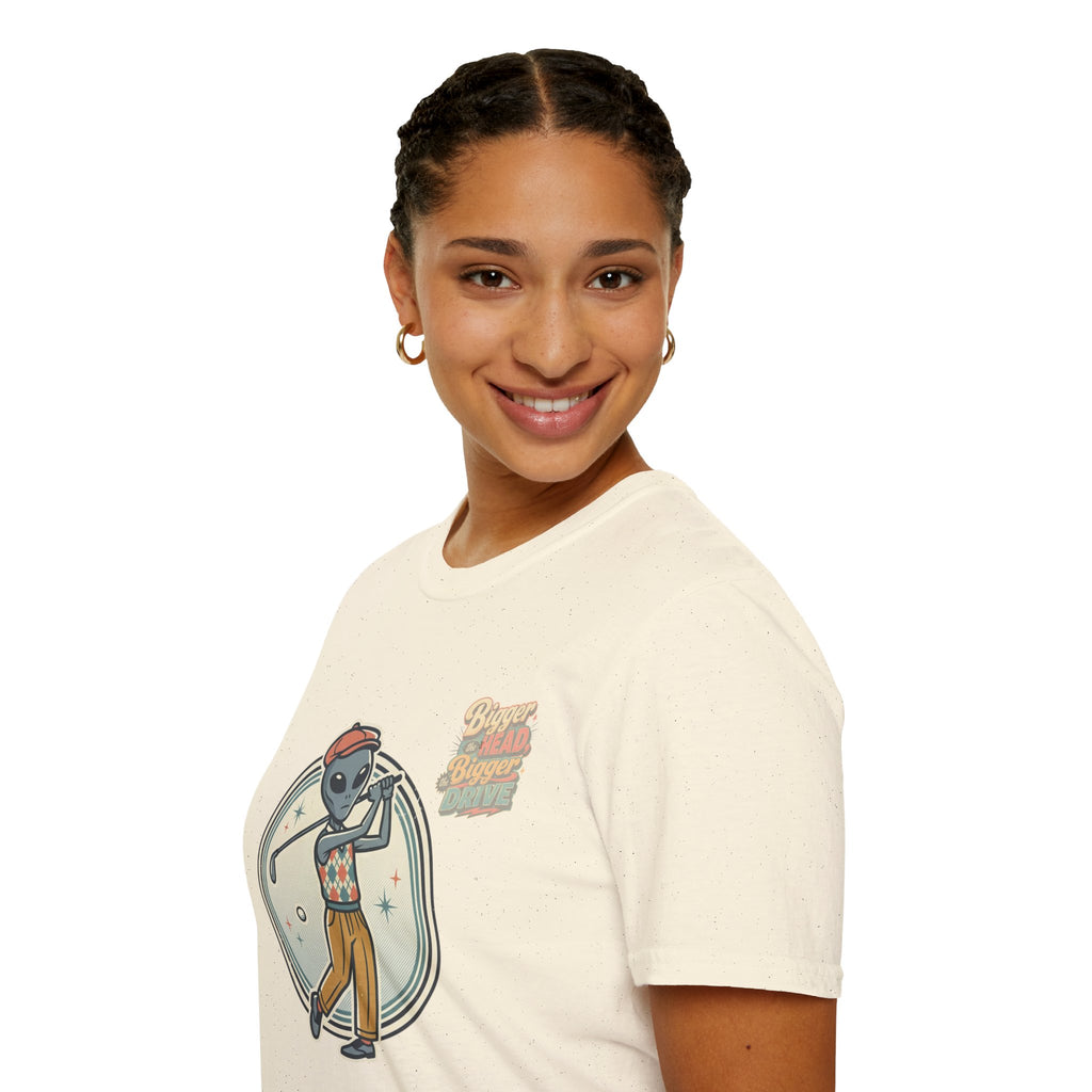 Alien Golfer T‑Shirt : The Bigger the Head, The Bigger the Drive"— Vintage Space Golf Graphic Tee