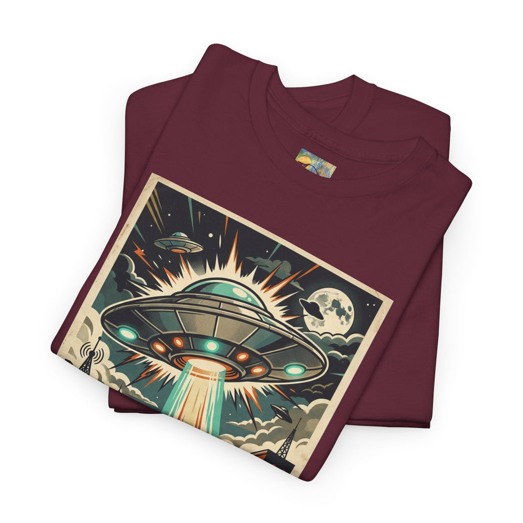 Pop Sci-fi Alien Invasion T-Shirt — Vintage UFO 'Not Again!' Graphic Tee