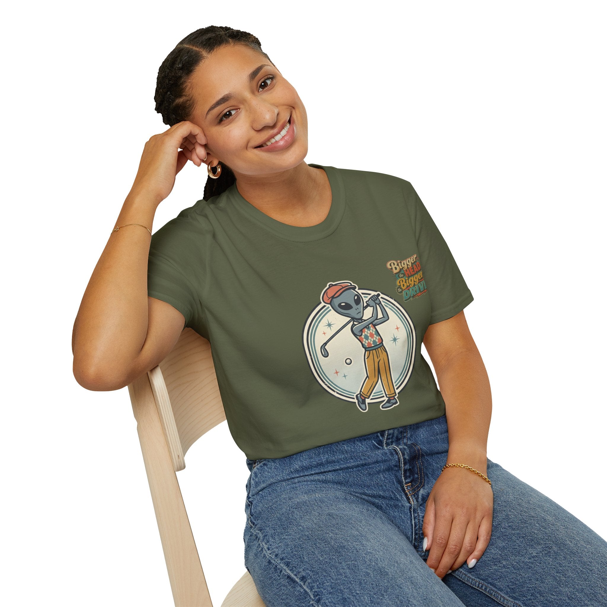 Alien Golfer T‑Shirt : The Bigger the Head, The Bigger the Drive"— Vintage Space Golf Graphic Tee