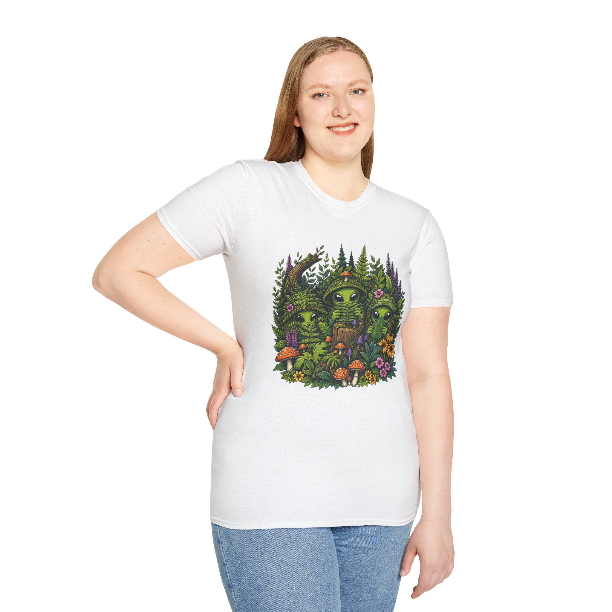 Alien Forest T-Shirt — Cute Green UFO Creatures with Mushrooms & Flowers