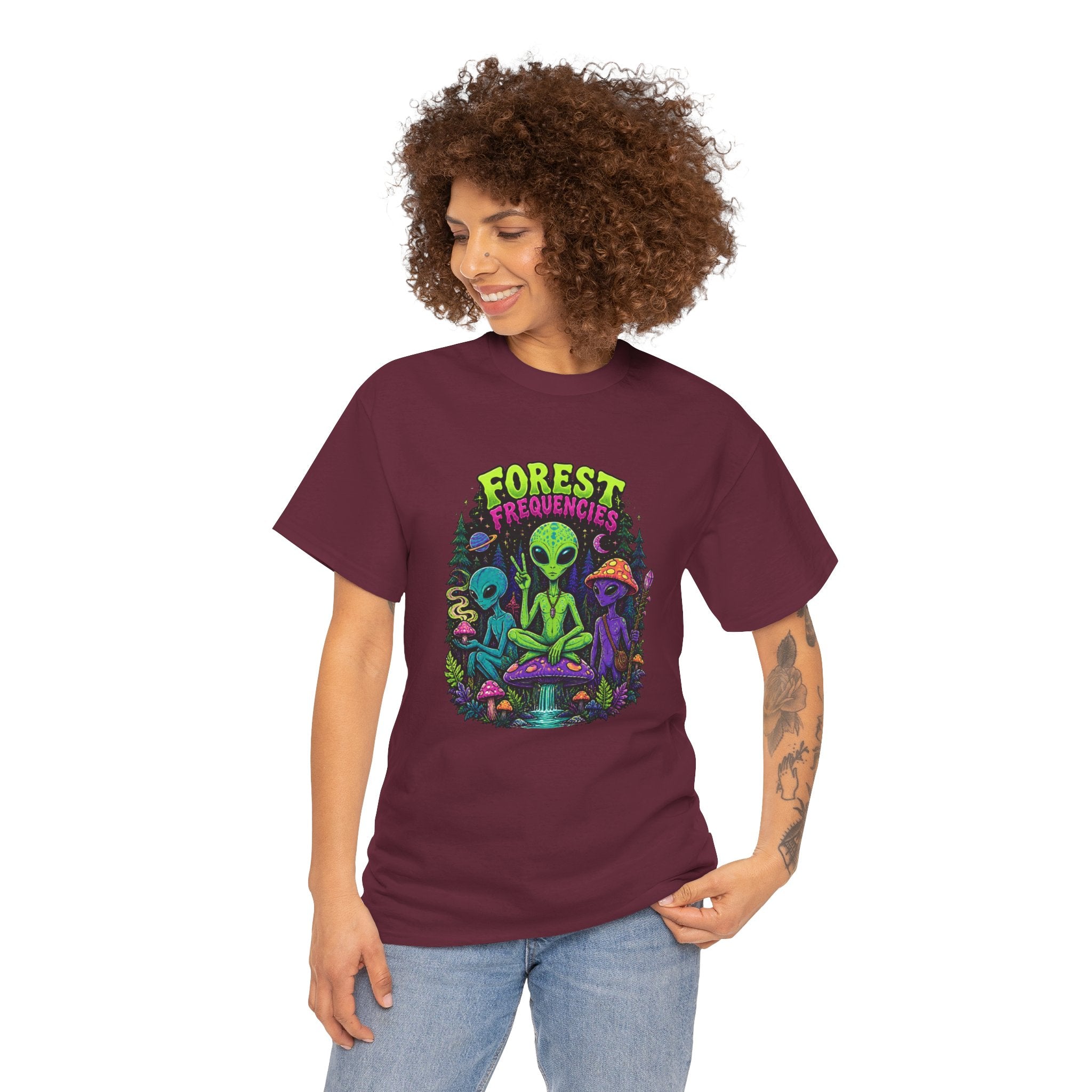 Forest Frequencies Alien T-Shirt — Psychedelic Mushroom Meditation Tee