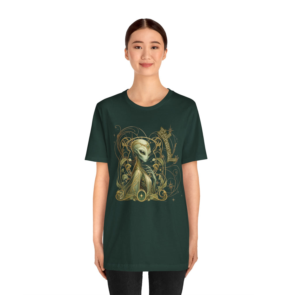 Alien Art Noveau Embrace T-Shirt — Mystical Green Alien Graphic Tee for Sci‑Fi Fans