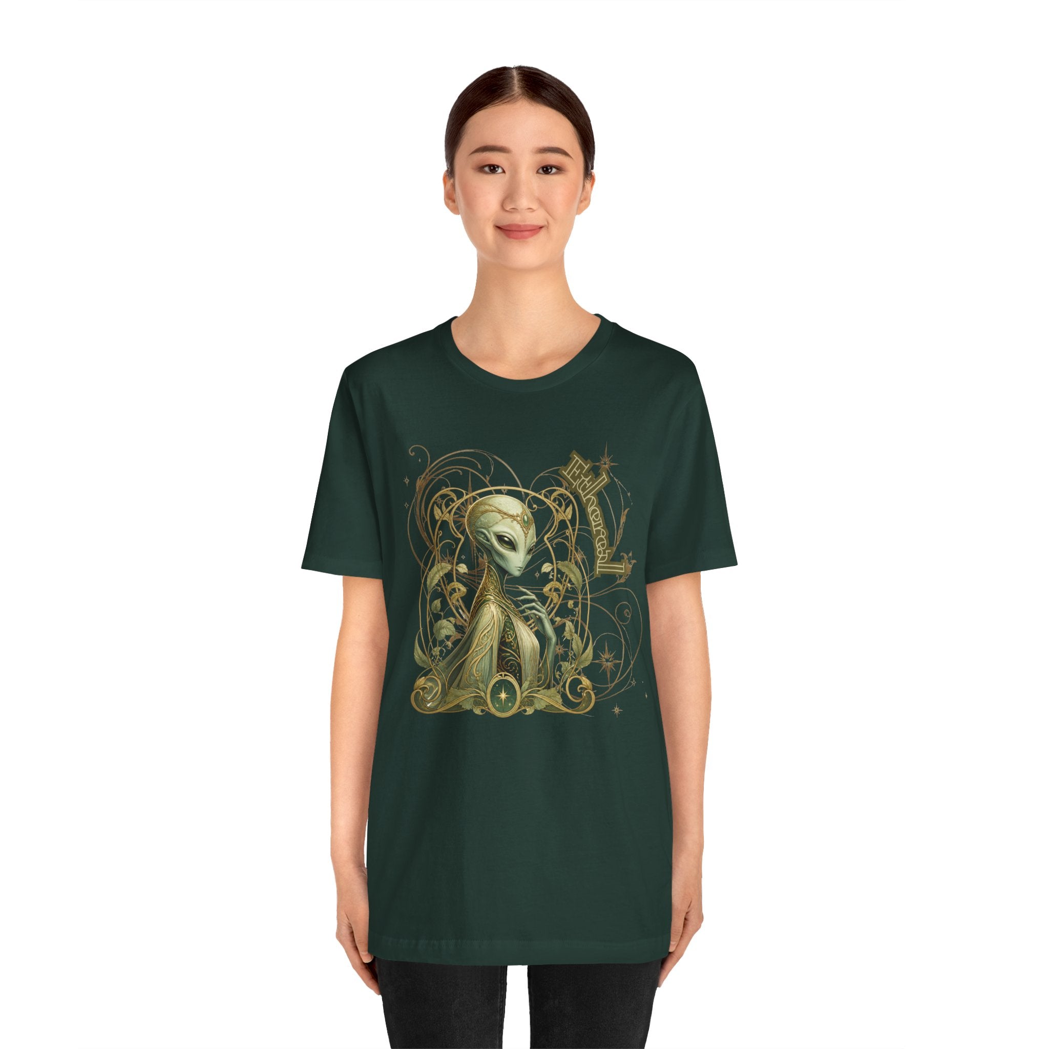 Alien Art Noveau Embrace T-Shirt — Mystical Green Alien Graphic Tee for Sci‑Fi Fans