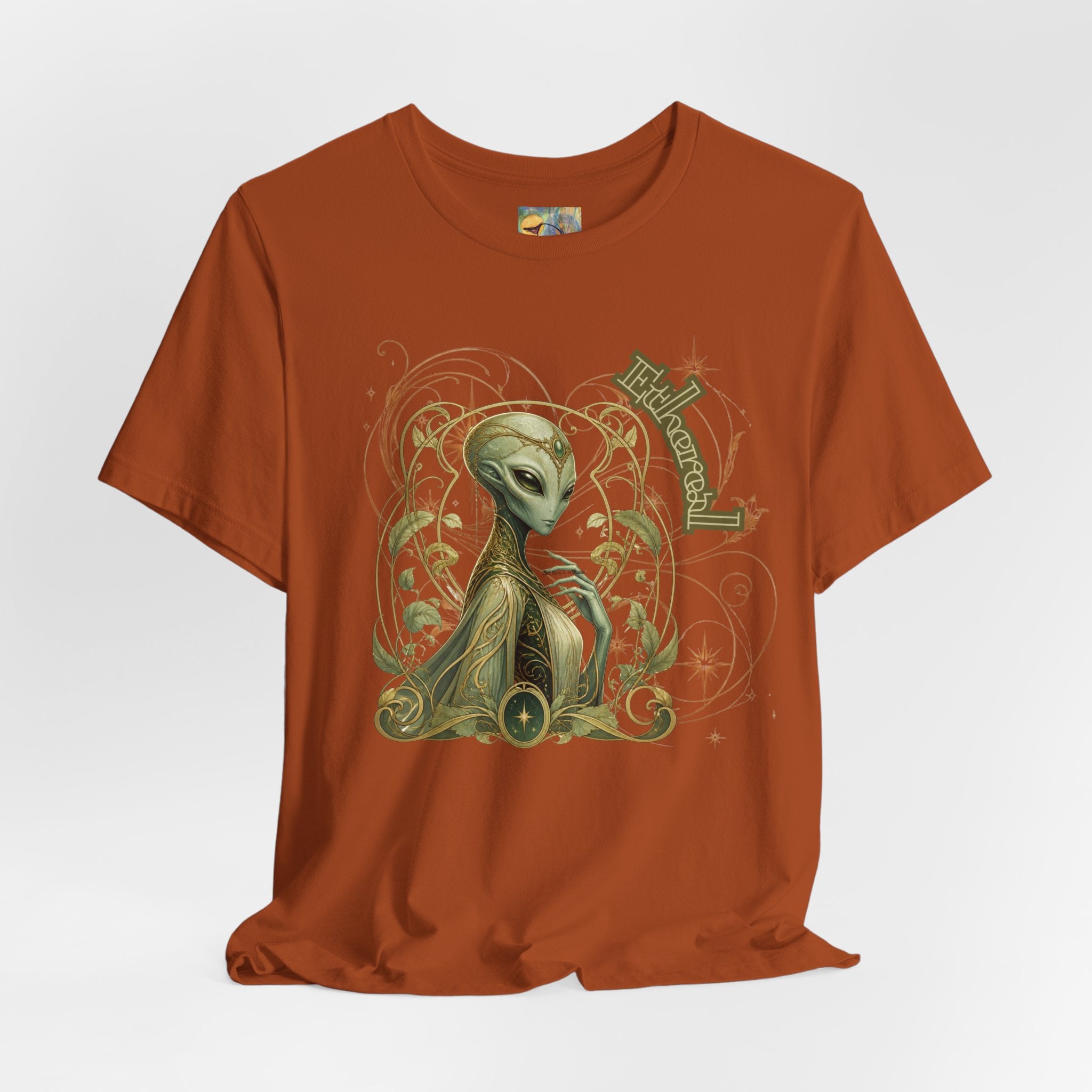 Alien Art Noveau Embrace T-Shirt — Mystical Green Alien Graphic Tee for Sci‑Fi Fans