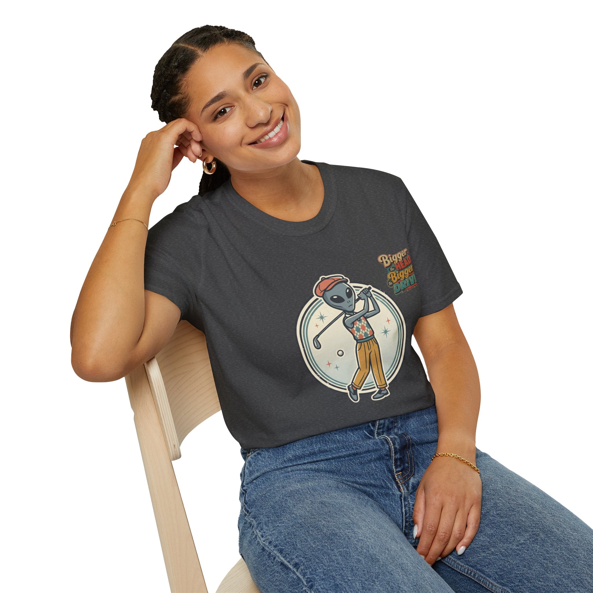Alien Golfer T‑Shirt : The Bigger the Head, The Bigger the Drive"— Vintage Space Golf Graphic Tee