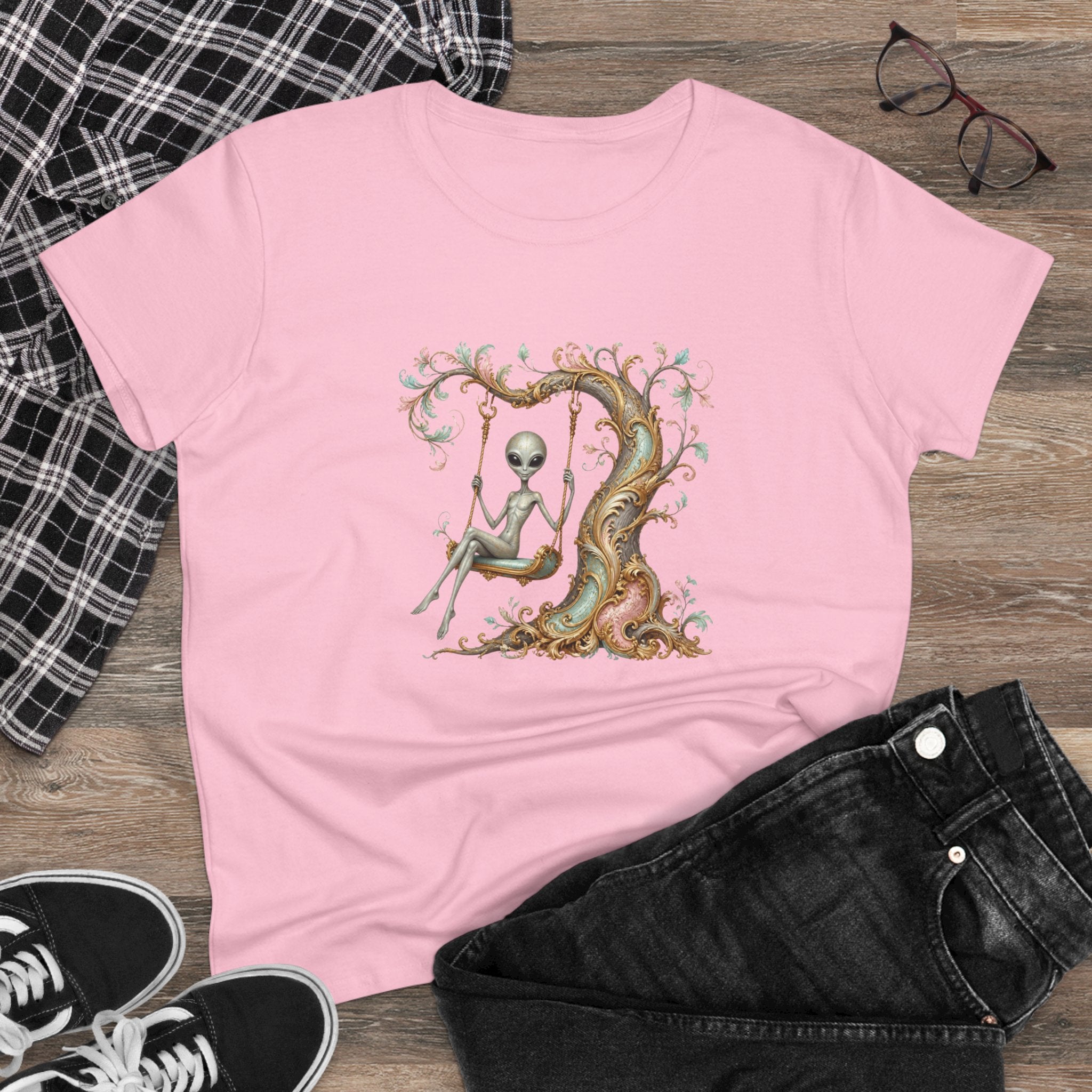 Baroque Alien on Swing T-Shirt — Whimsical Vintage Tree Graphic Tee for Women
