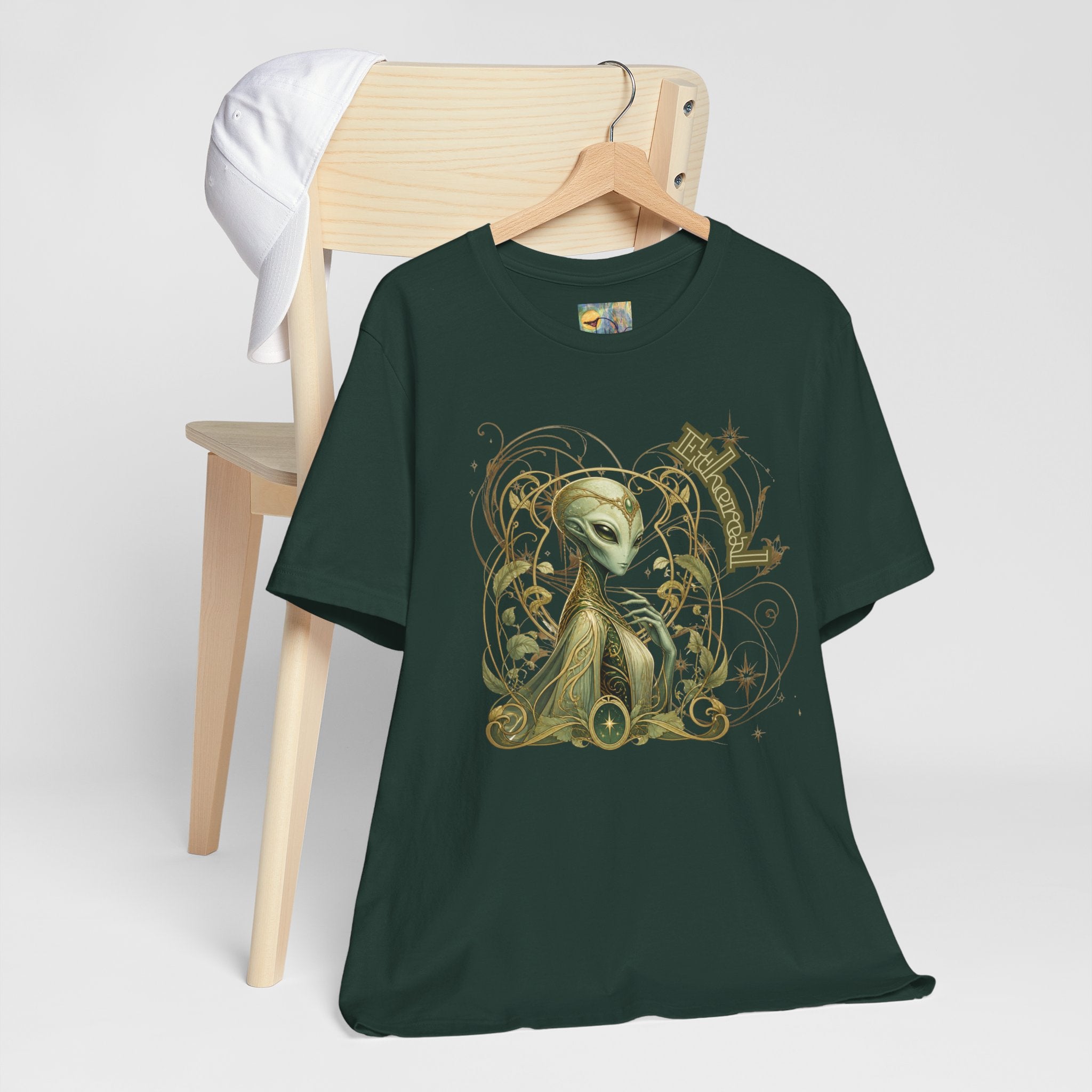 Alien Art Noveau Embrace T-Shirt — Mystical Green Alien Graphic Tee for Sci‑Fi Fans