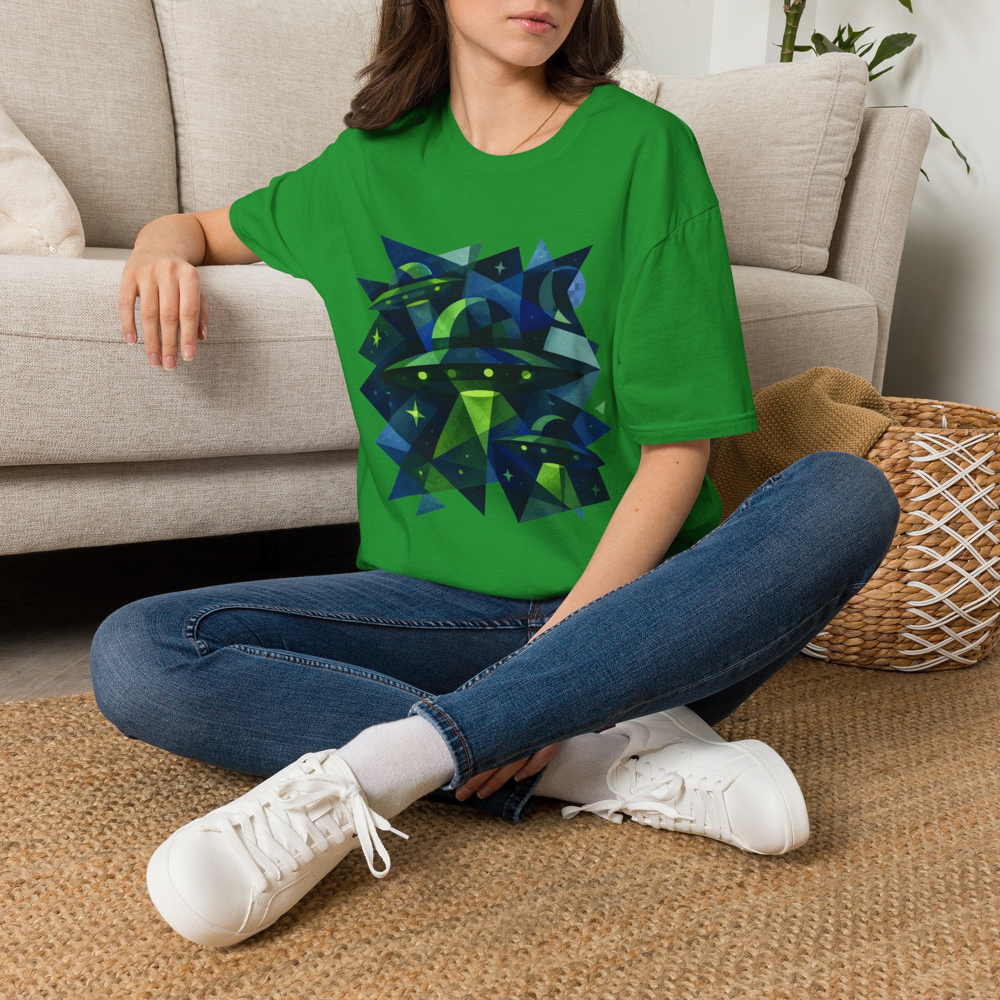 Blue & Green Cubism UFO Galaxy Geometry T‑Shirt — Neon Abstract Space Art
