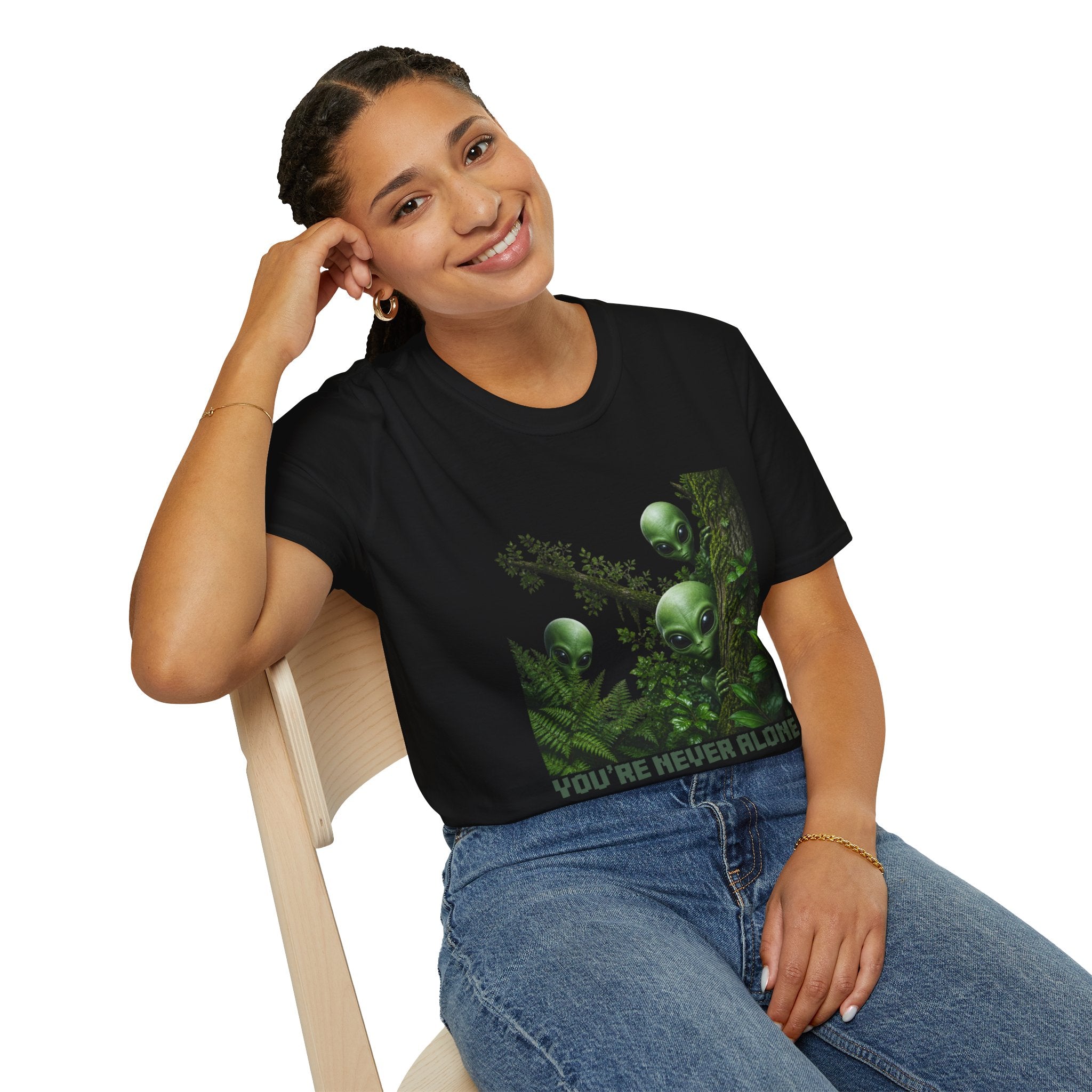 Alien Friends T‑Shirt — "You're Never Alone" Green Extraterrestrial Graphic Tee