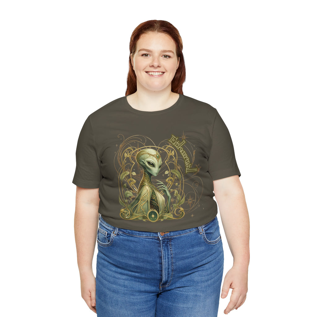Alien Art Noveau Embrace T-Shirt — Mystical Green Alien Graphic Tee for Sci‑Fi Fans
