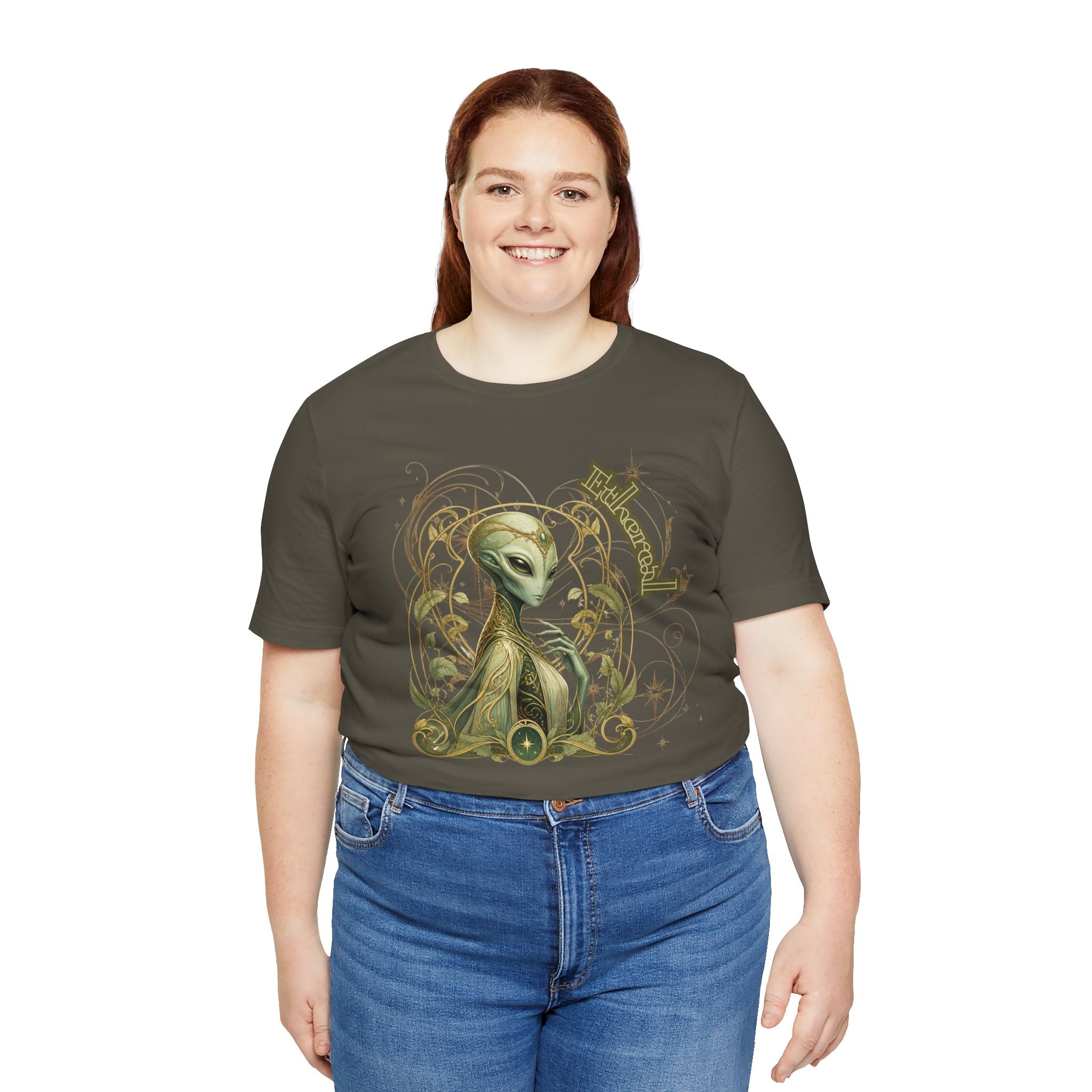 Alien Art Noveau Embrace T-Shirt — Mystical Green Alien Graphic Tee for Sci‑Fi Fans
