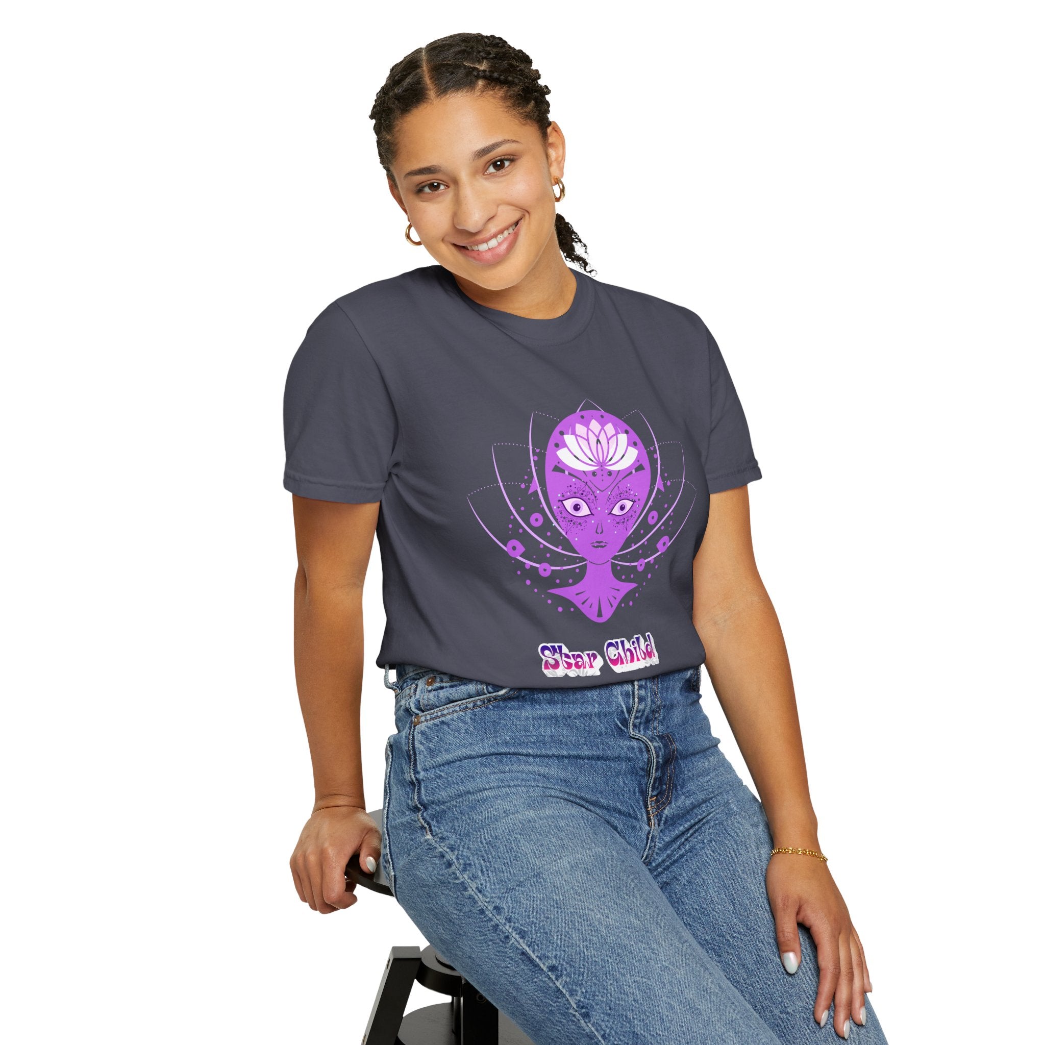 Star Child Alien T-Shirt — Purple Cosmic Alien Graphic Tee