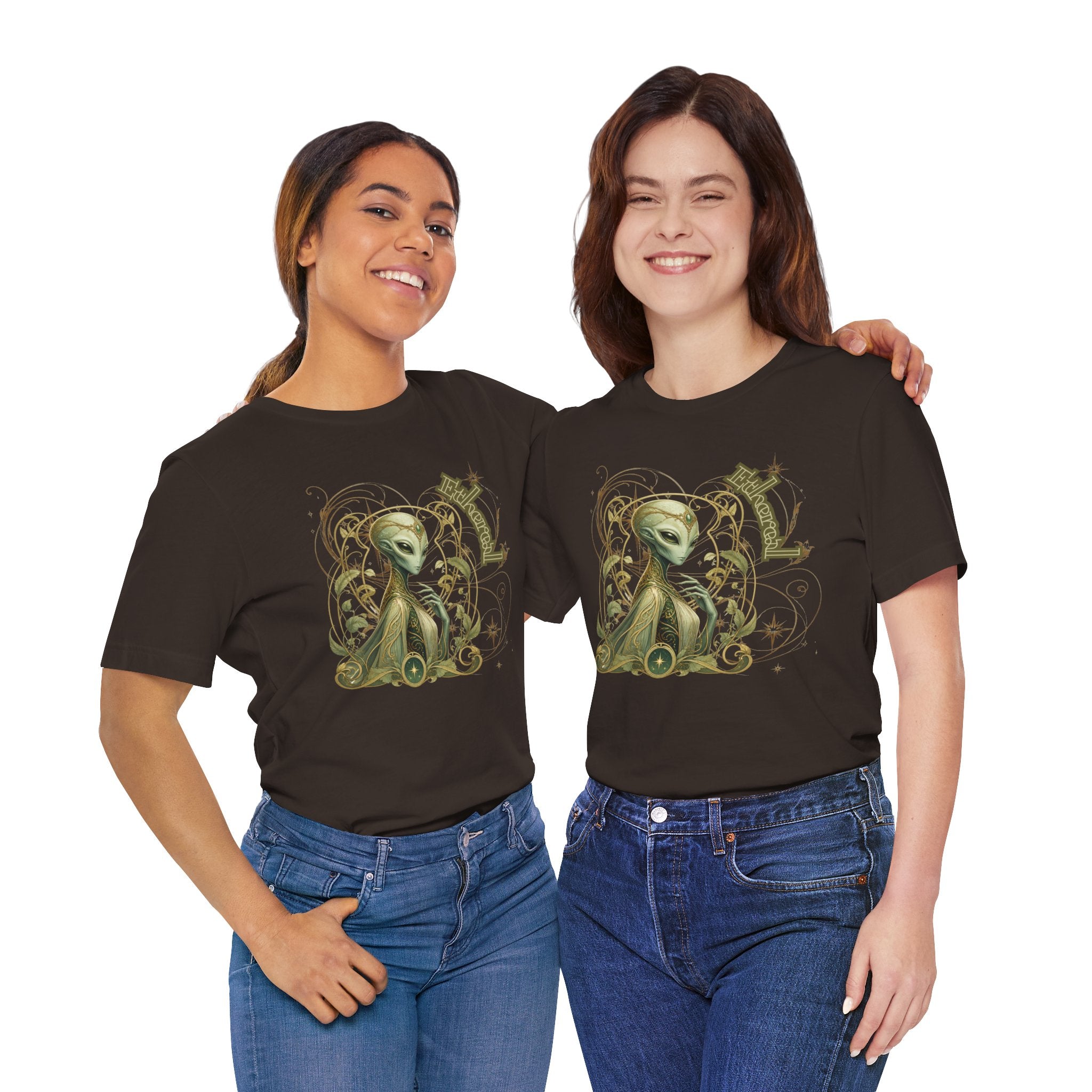 Alien Art Noveau Embrace T-Shirt — Mystical Green Alien Graphic Tee for Sci‑Fi Fans