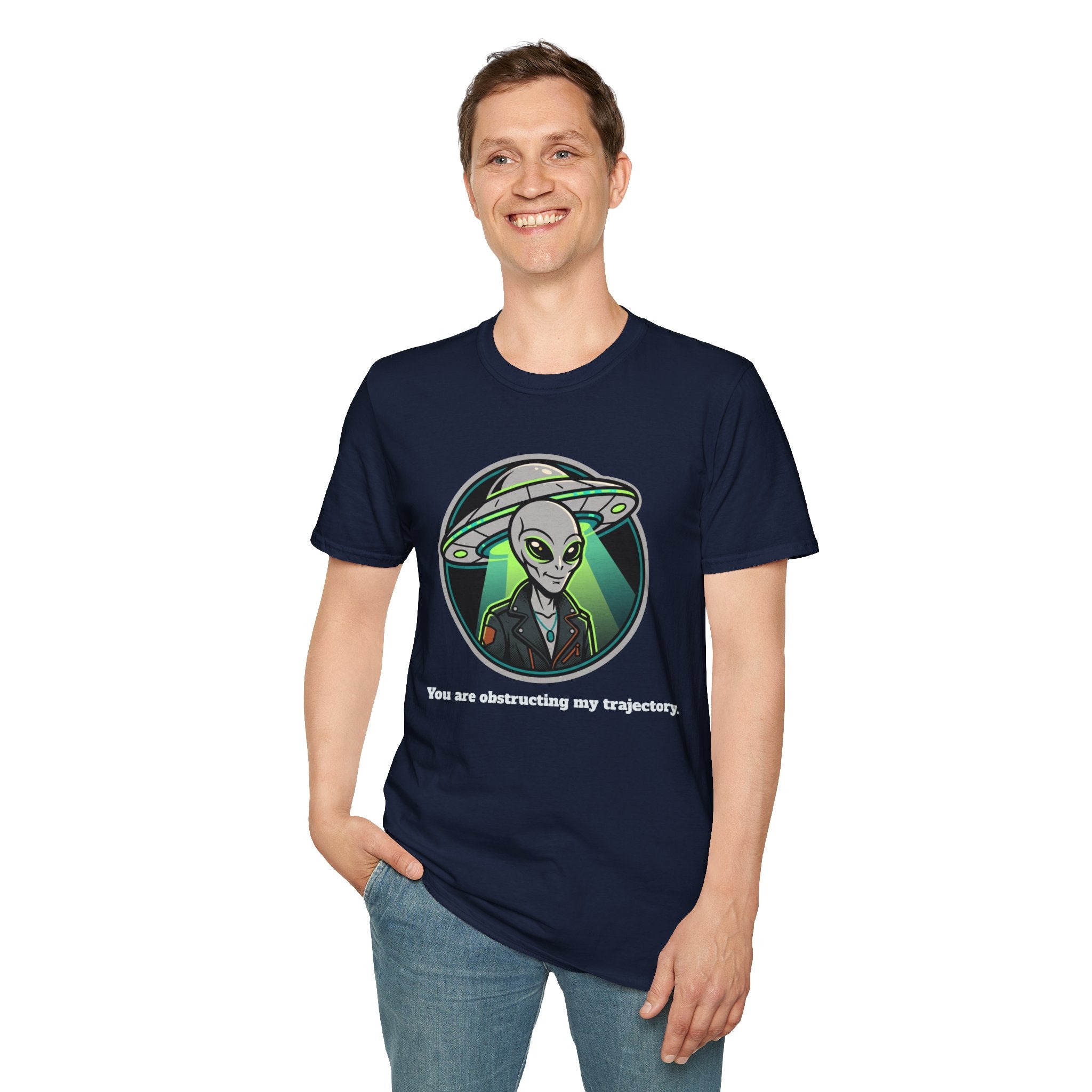 Alien UFO Graphic T-Shirt "You are blocking my trajectory" — Retro Green Extraterrestrial Design
