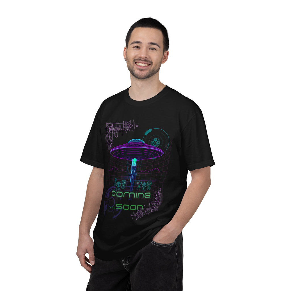 Coming Soon Alien UFO T-Shirt — Retro Neon Alien Abduction Tee