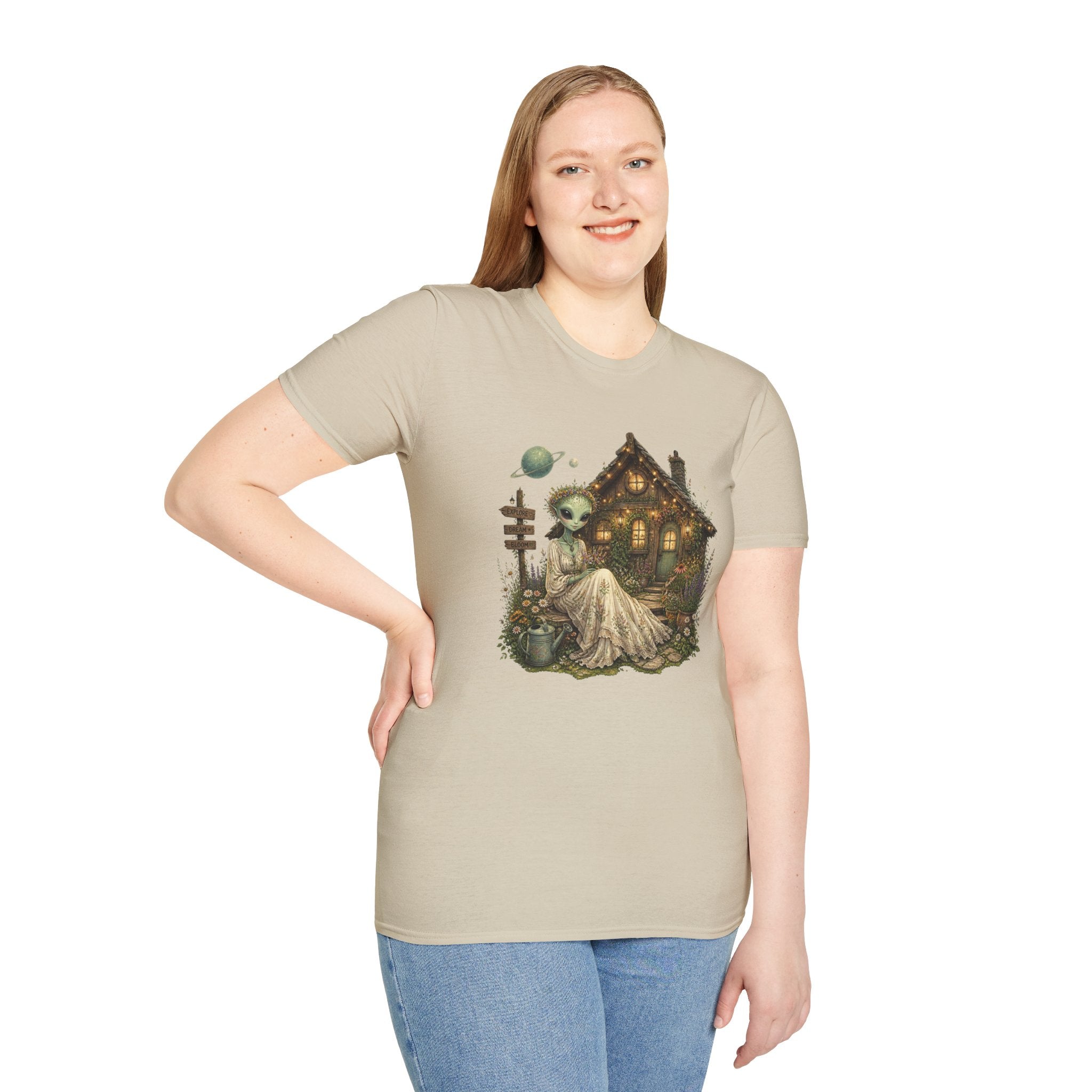 Alien Cottage T-Shirt — Whimsical Extraterrestrial Home Graphic