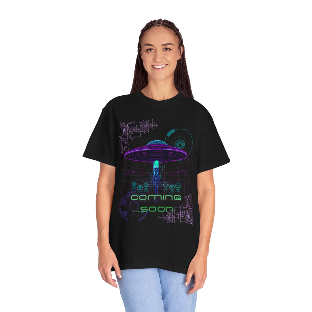 Coming Soon Alien UFO T-Shirt — Retro Neon Alien Abduction Tee