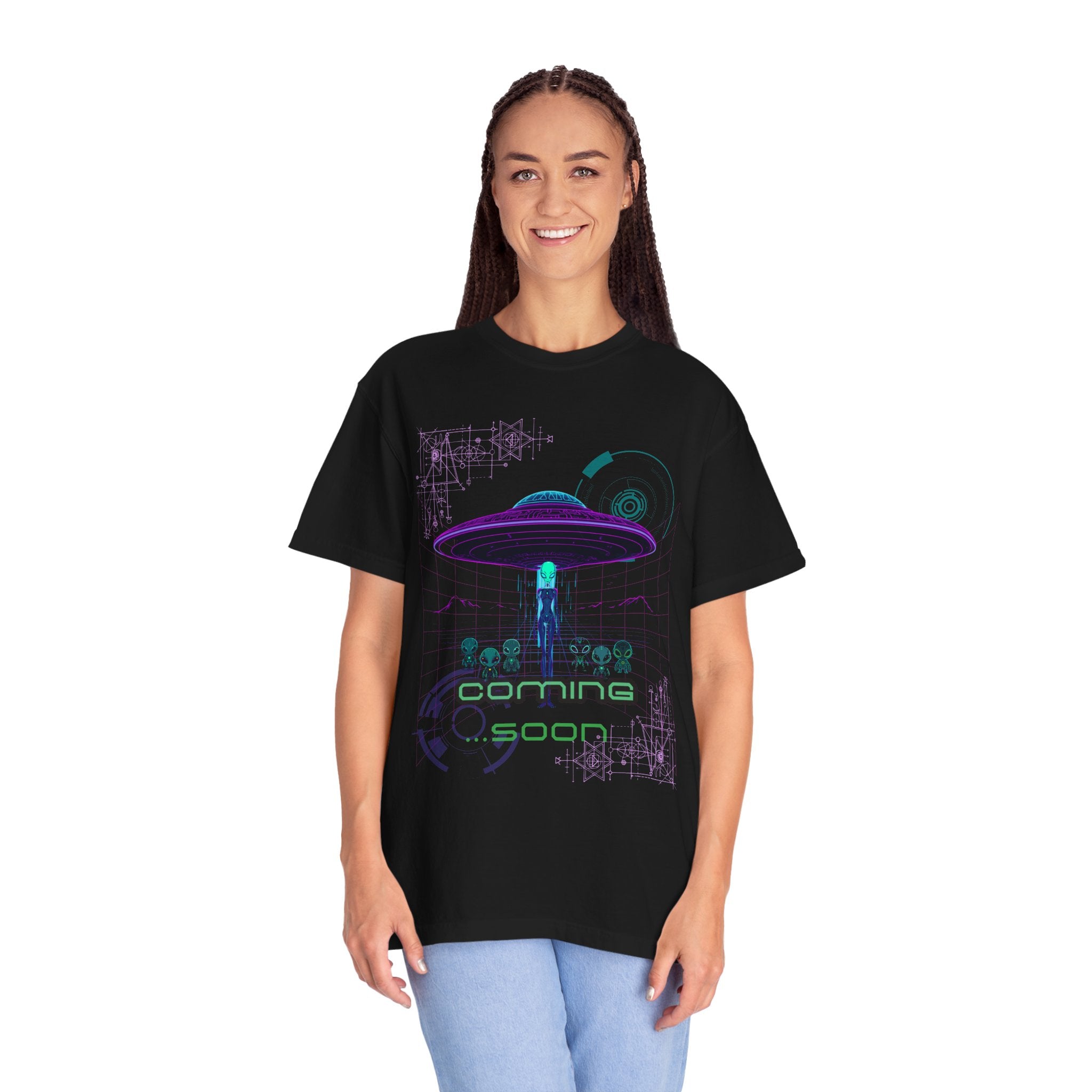 Coming Soon Alien UFO T-Shirt — Retro Neon Alien Abduction Tee