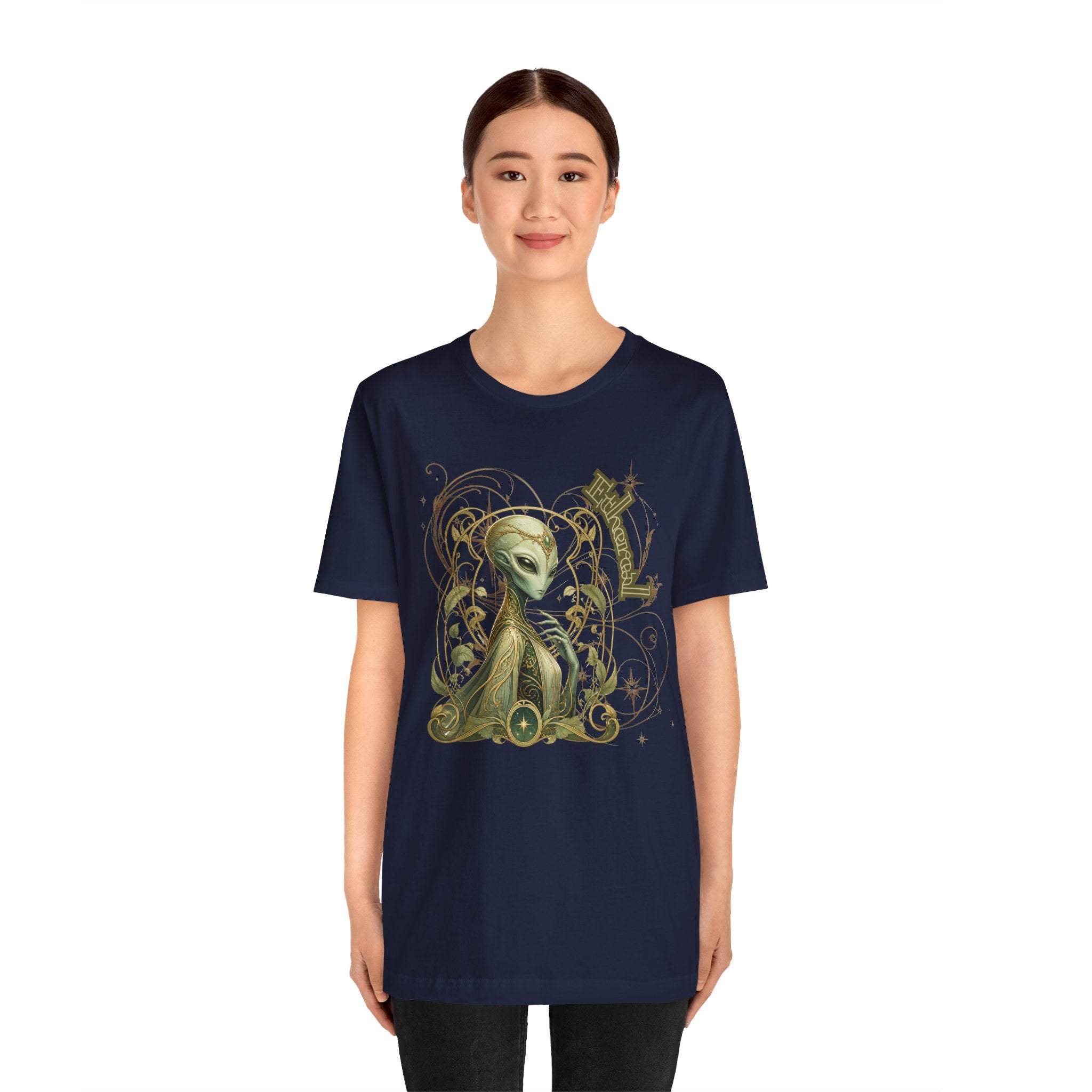 Alien Art Noveau Embrace T-Shirt — Mystical Green Alien Graphic Tee for Sci‑Fi Fans