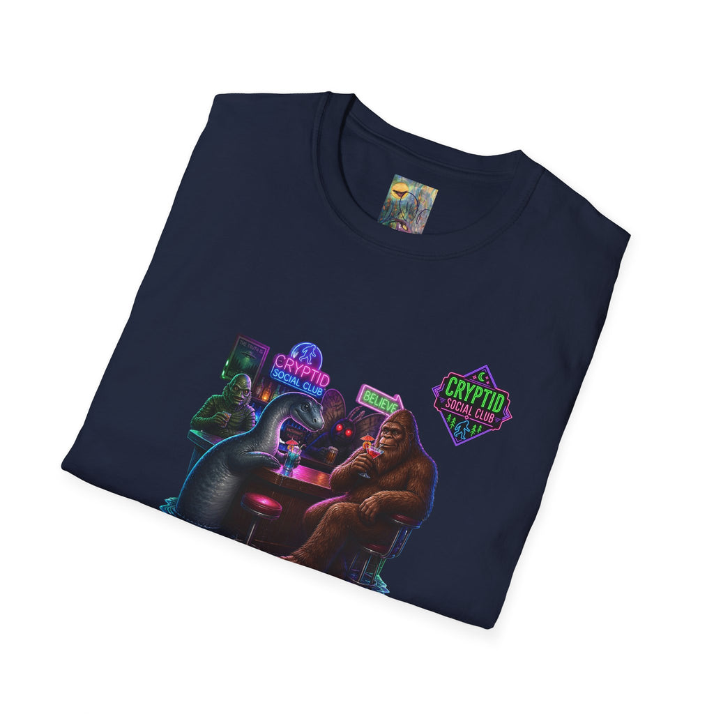 Cryptid Social Club T-Shirt — Neon Bigfoot, Loch Ness & Alien Design