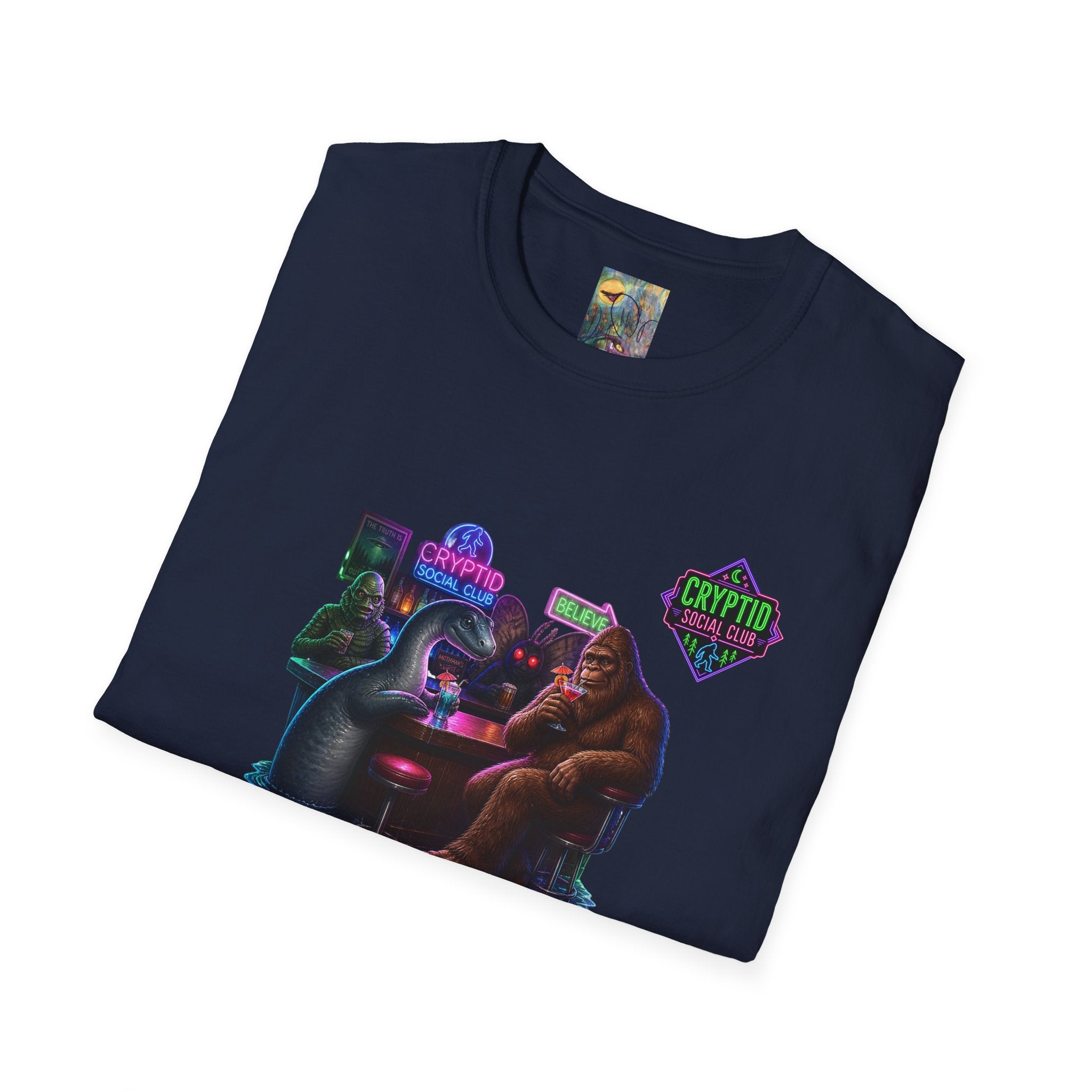 Cryptid Social Club T-Shirt — Neon Bigfoot, Loch Ness & Alien Design
