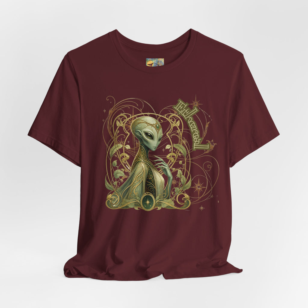 Alien Art Noveau Embrace T-Shirt — Mystical Green Alien Graphic Tee for Sci‑Fi Fans